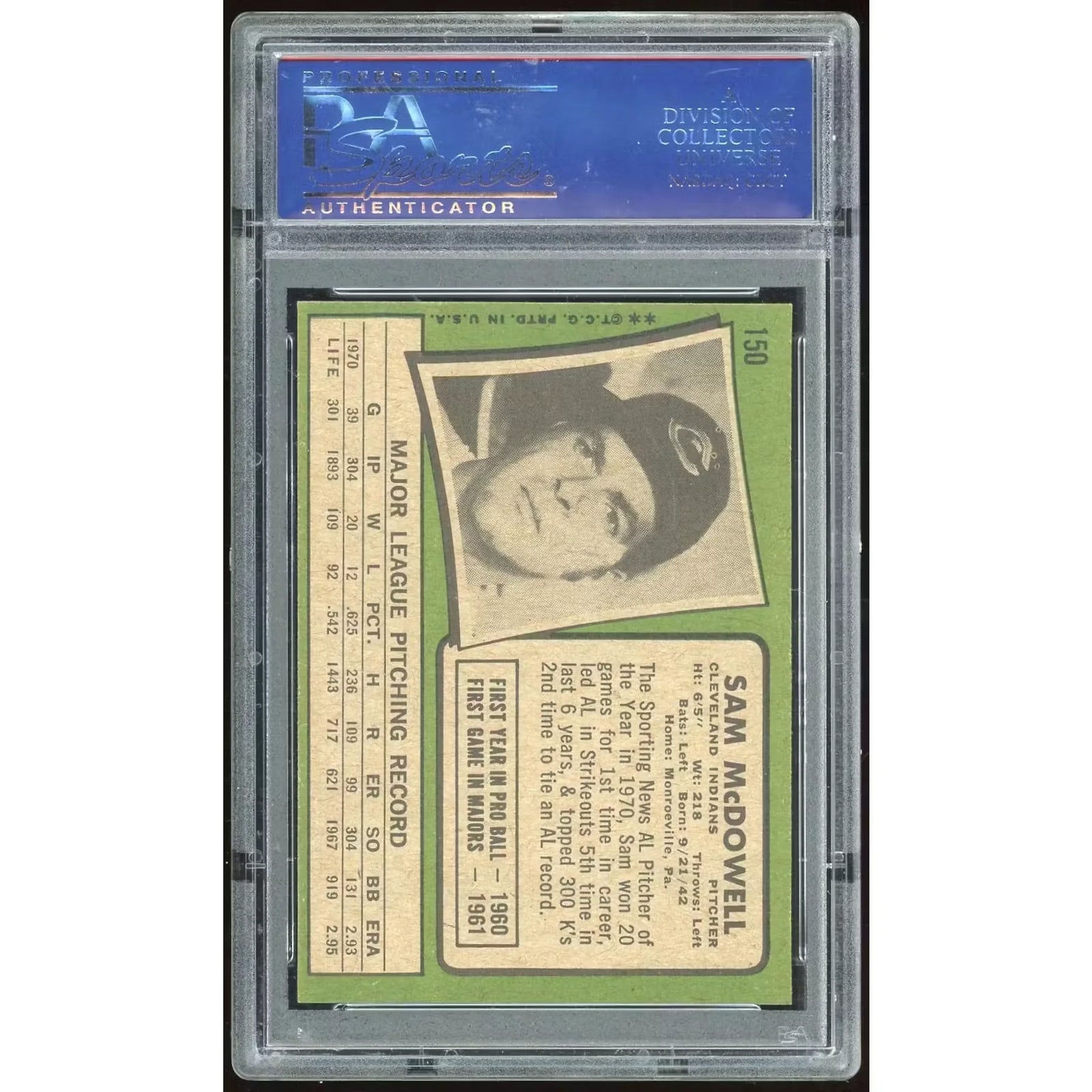 Sam McDowell 1971 Topps #150 Baseball Card | PSA 8