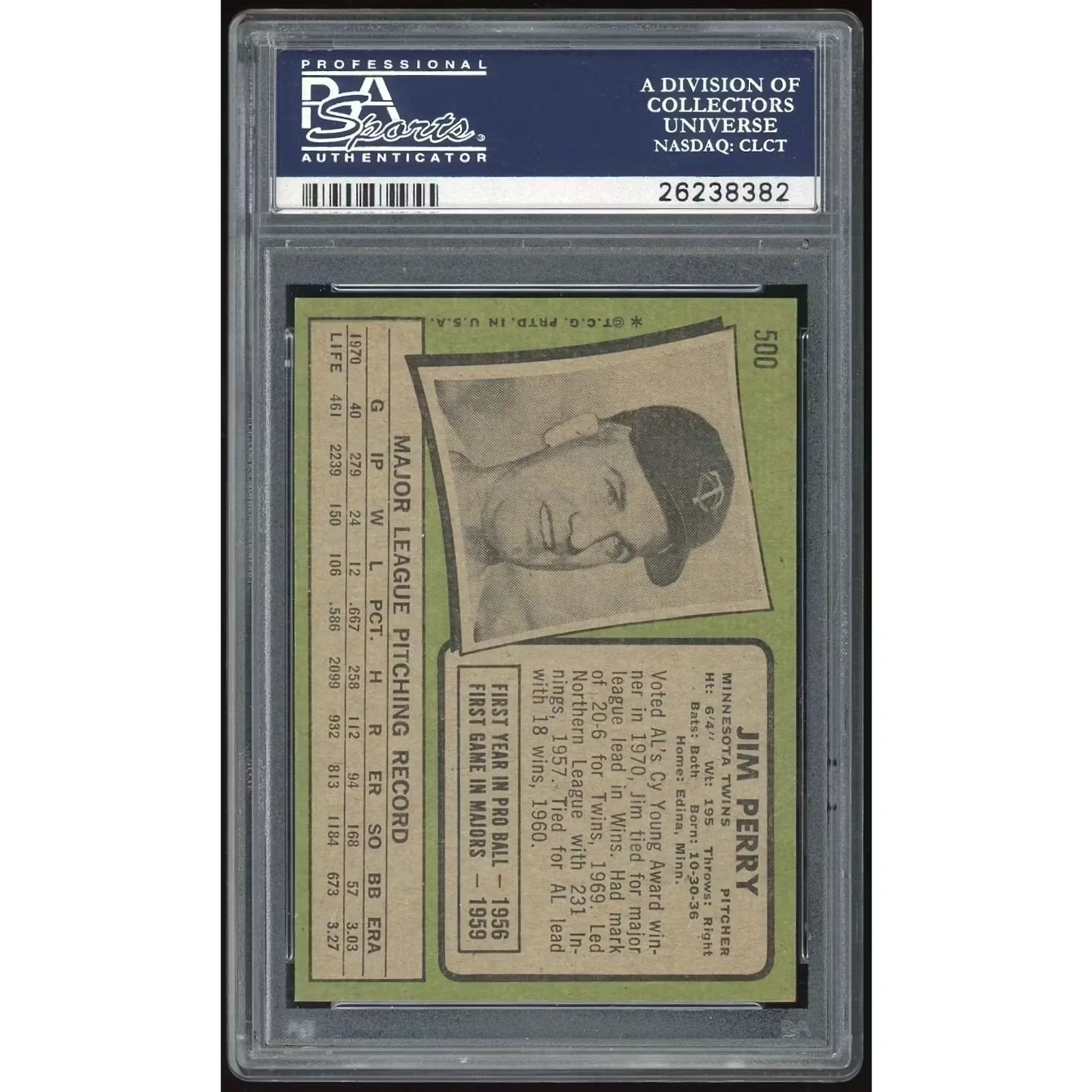 1971 Topps #500 Jim Perry Baseball Card | PSA 8