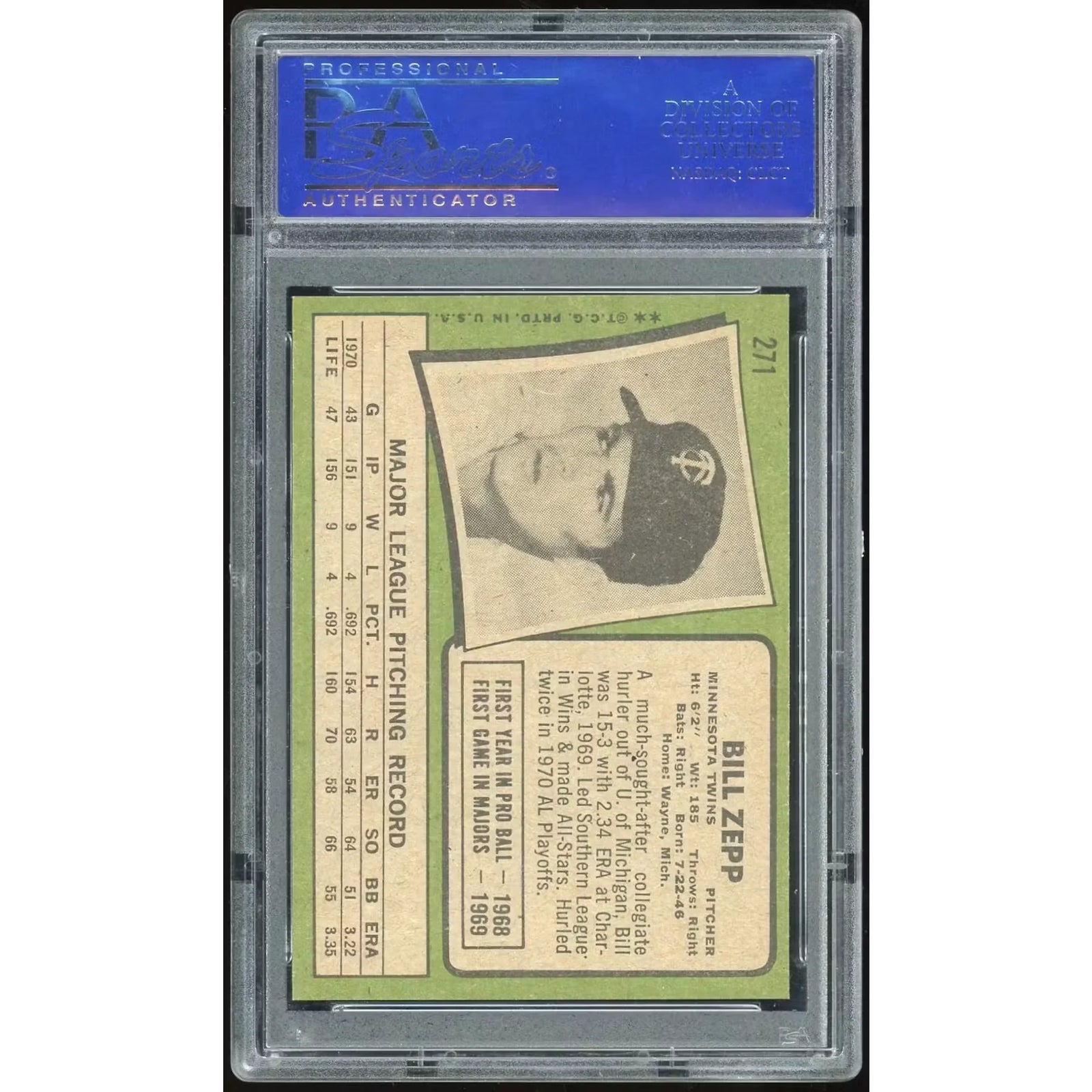Bill Zepp 1971 Topps #271 Baseball Card | PSA 8