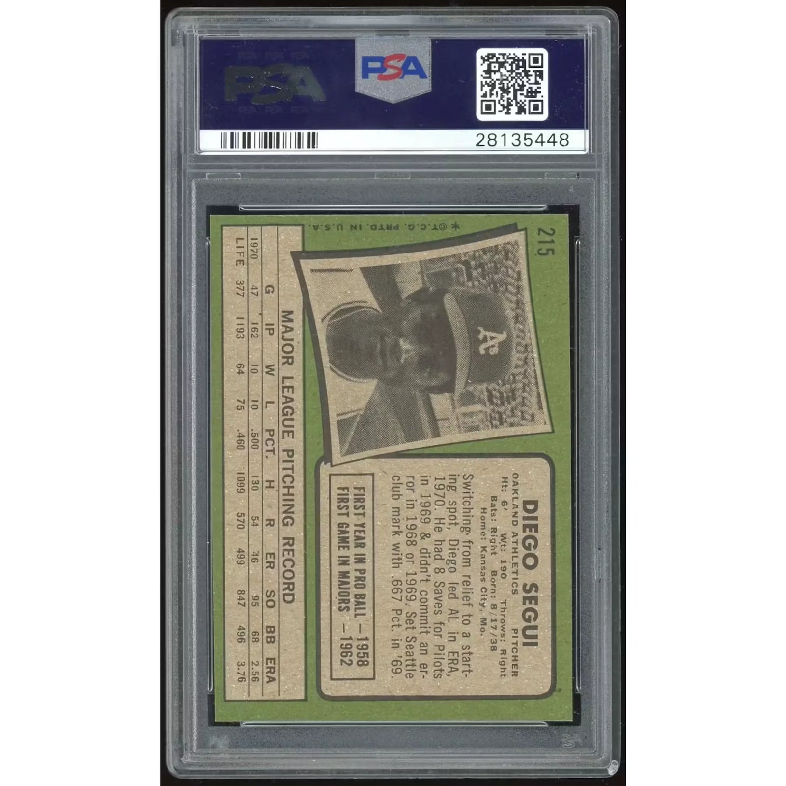 1971 Topps #215 Diego Segui Baseball Card | PSA 8