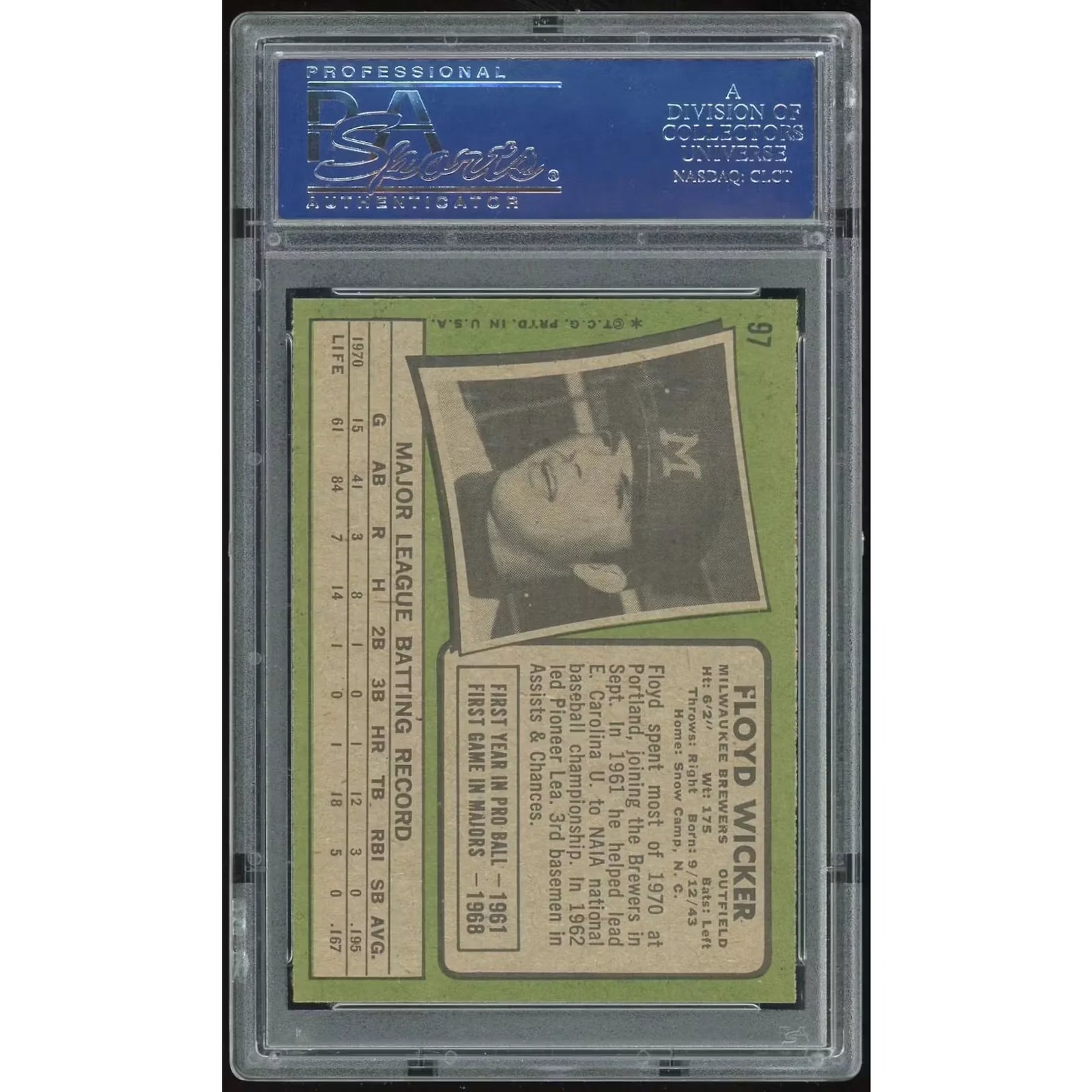 Floyd Wicker 1971 Topps #97 Baseball Card | PSA 8