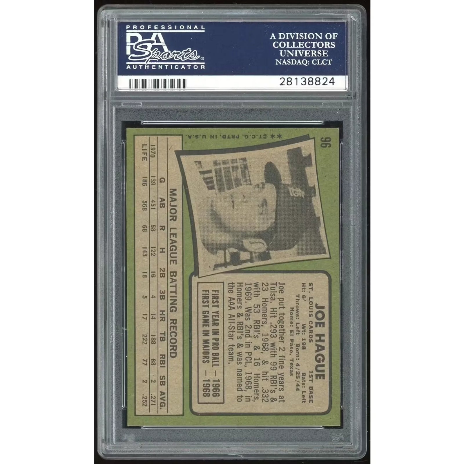 Joe Hague 1971 Topps #96 Baseball Card | PSA 8