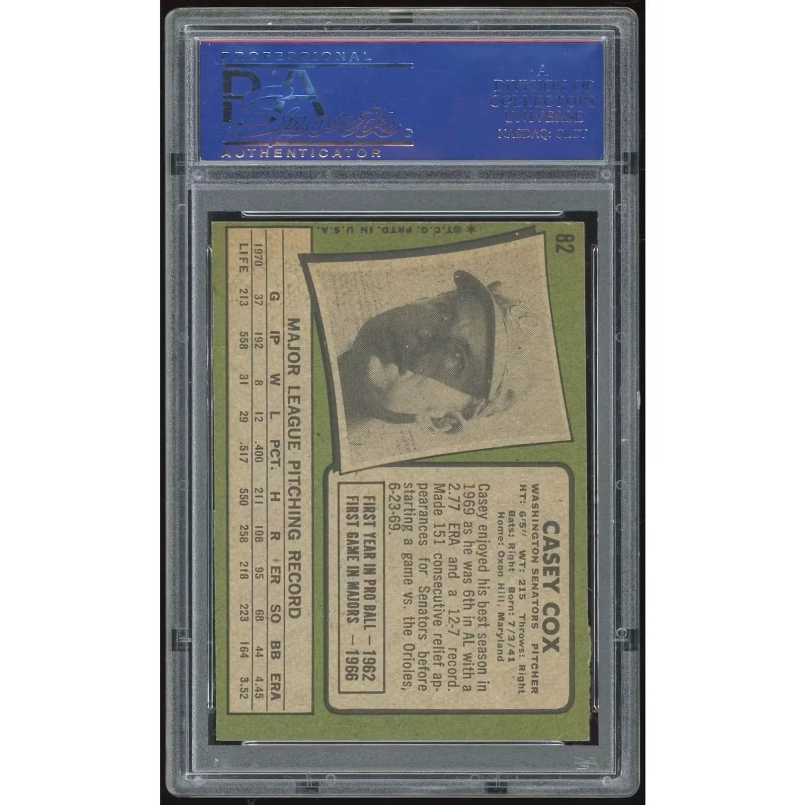 1971 Topps #82 Casey Cox Baseball Card | PSA 8