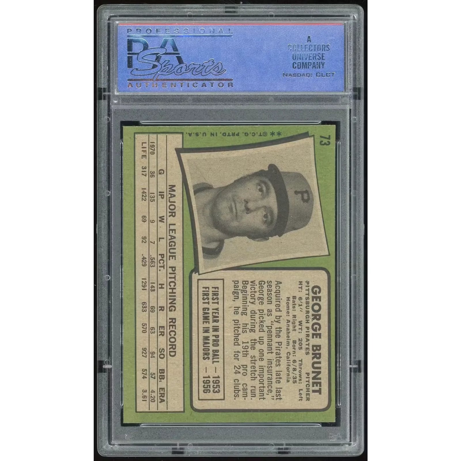 George Brunet 1971 Topps #73 Baseball Card | PSA 8