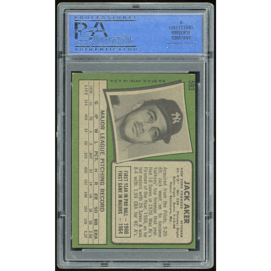 1971 Topps #593 Jack Aker Baseball Card | PSA 8