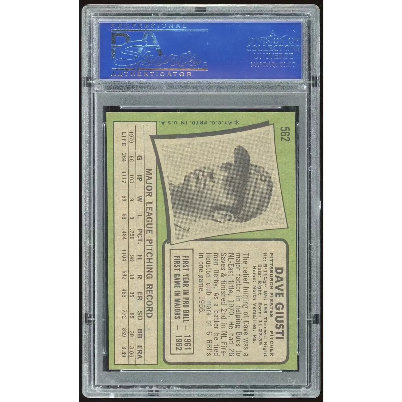 Dave Giusti 1971 Topps #562 Baseball Card | PSA 8
