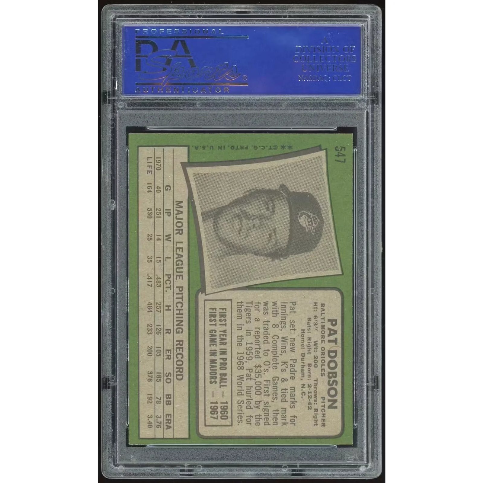 Pat Dobson 1971 Topps #547 Baseball Card | PSA 8