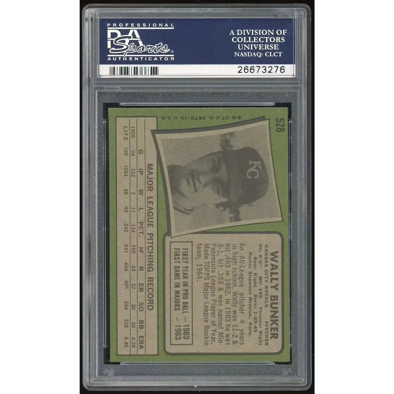 Wally Bunker 1971 Topps Card #528 | PSA 8