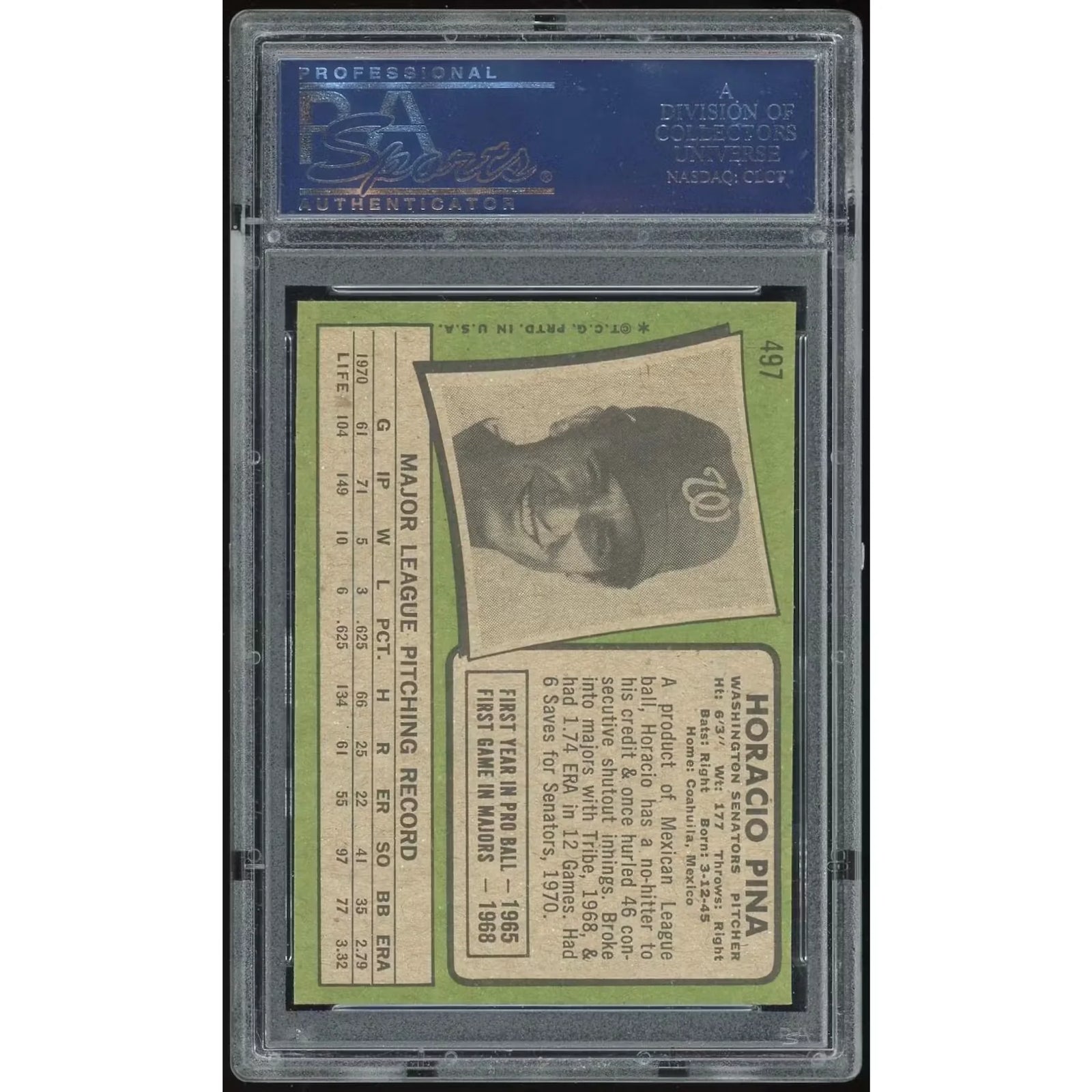 1971 Topps #497 Horacio Pina Rookie Card | PSA 8