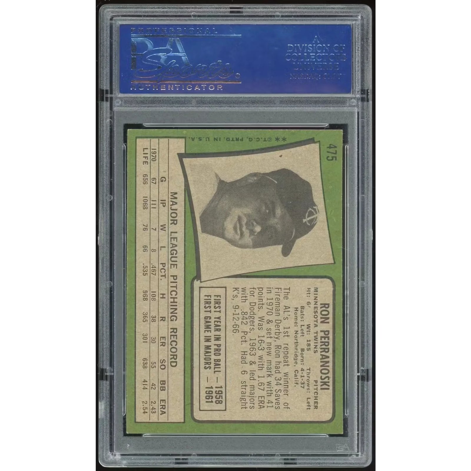 Ron Perranoski 1971 Topps #475 Baseball Card | PSA 8