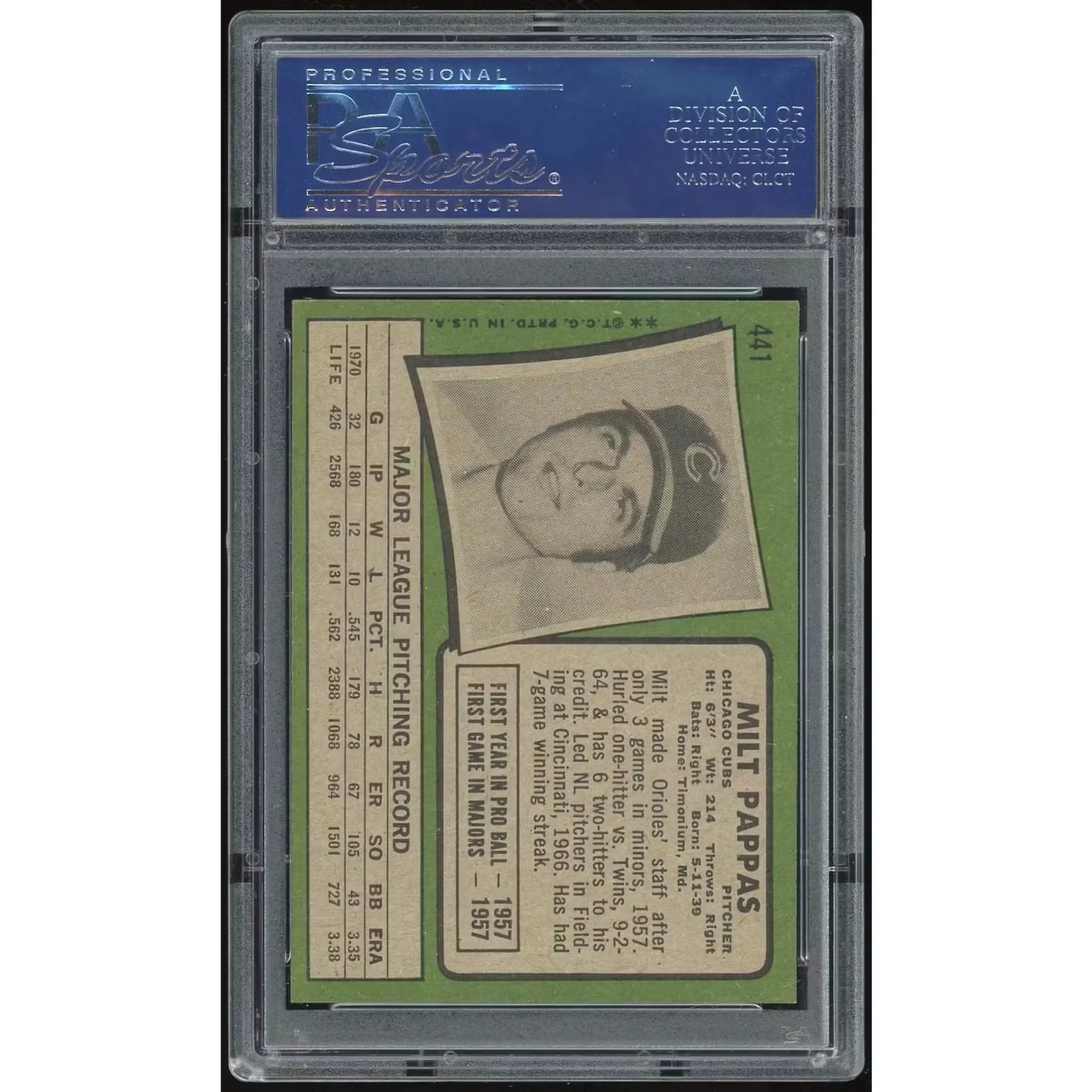 Milt Pappas 1971 Topps #441 Baseball Card | PSA 8