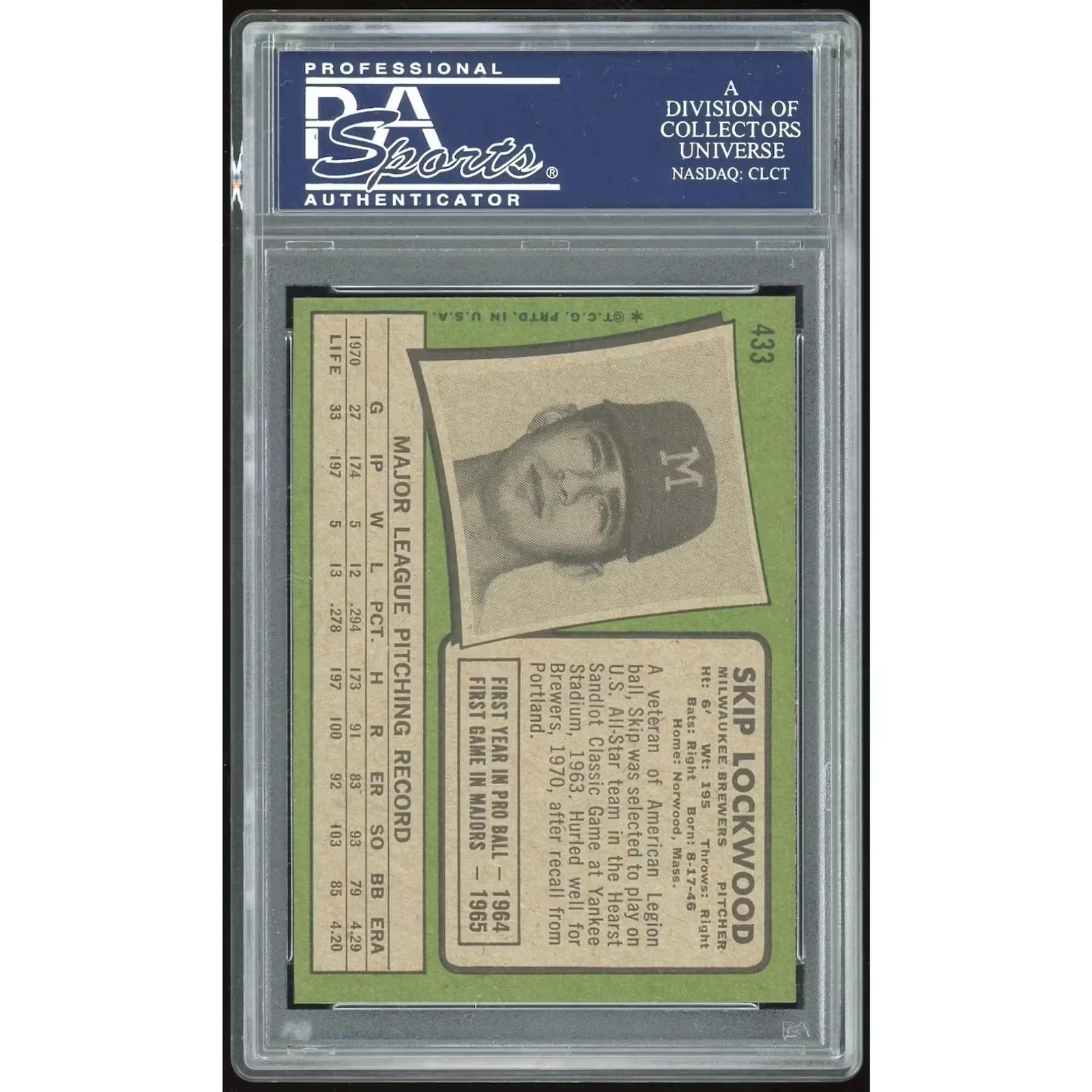 Skip Lockwood 1971 Topps #433 Baseball Card | PSA 8