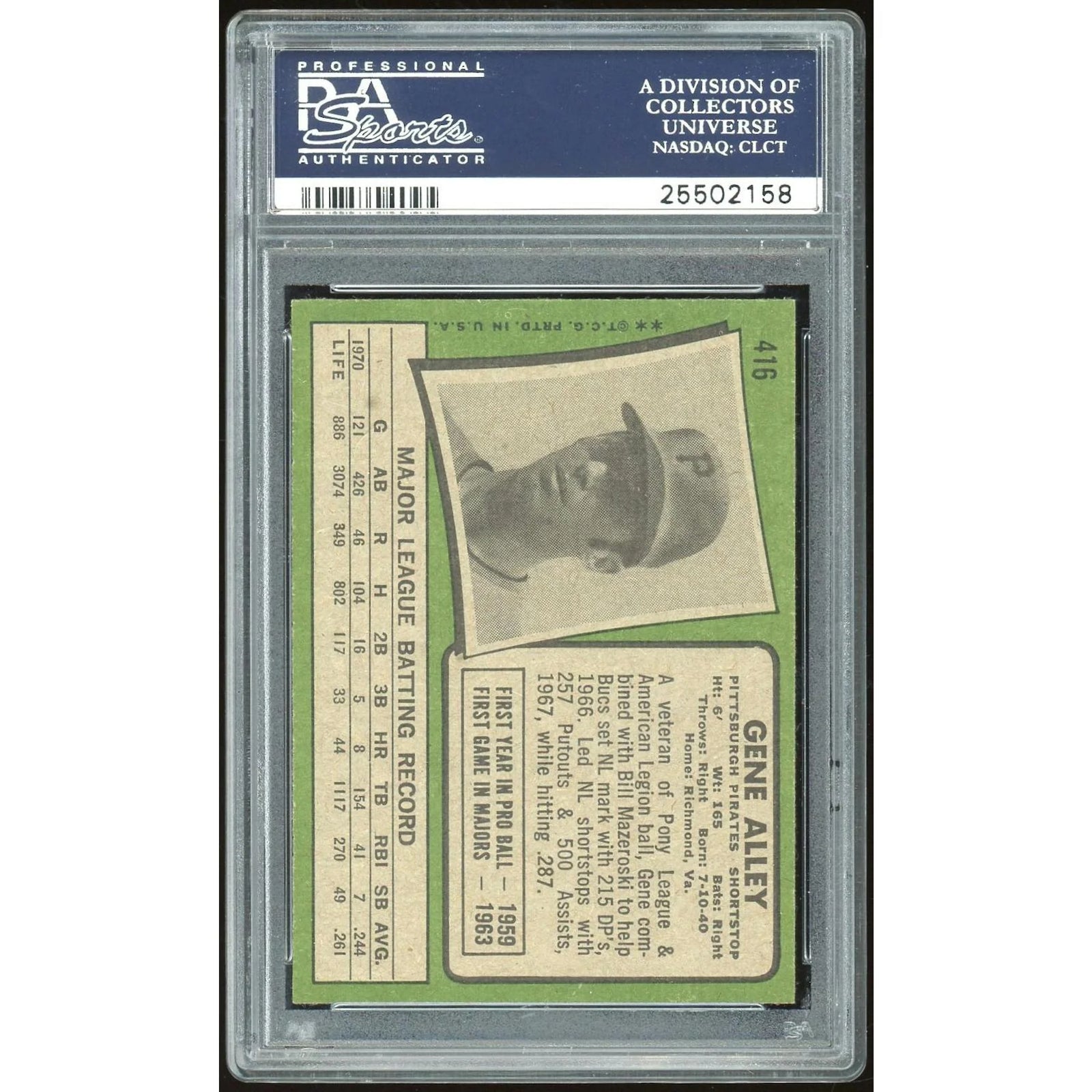 Gene Alley 1971 Topps #416 Baseball Card | PSA 8