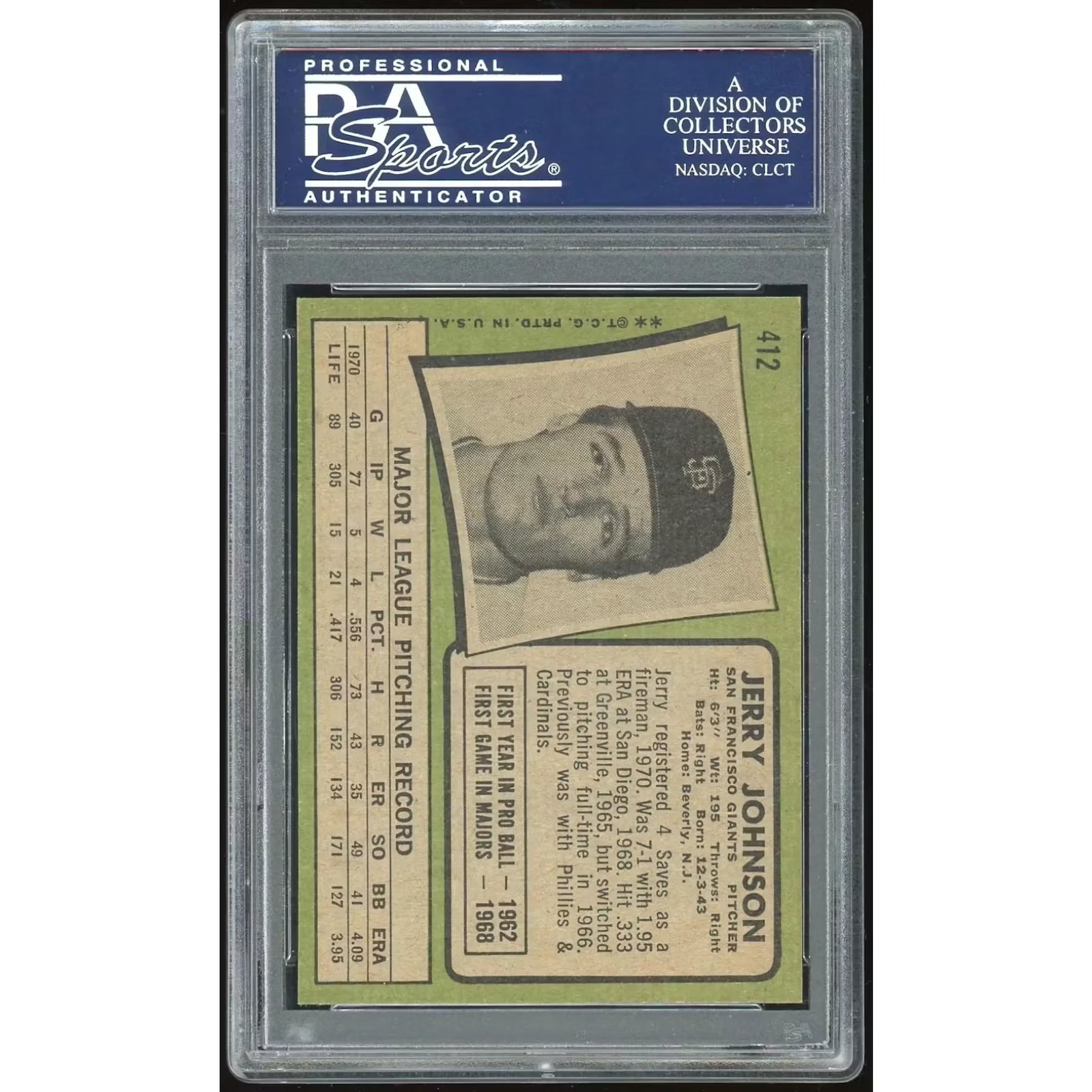 1971 Topps #412 Jerry Johnson Baseball Card | PSA 8