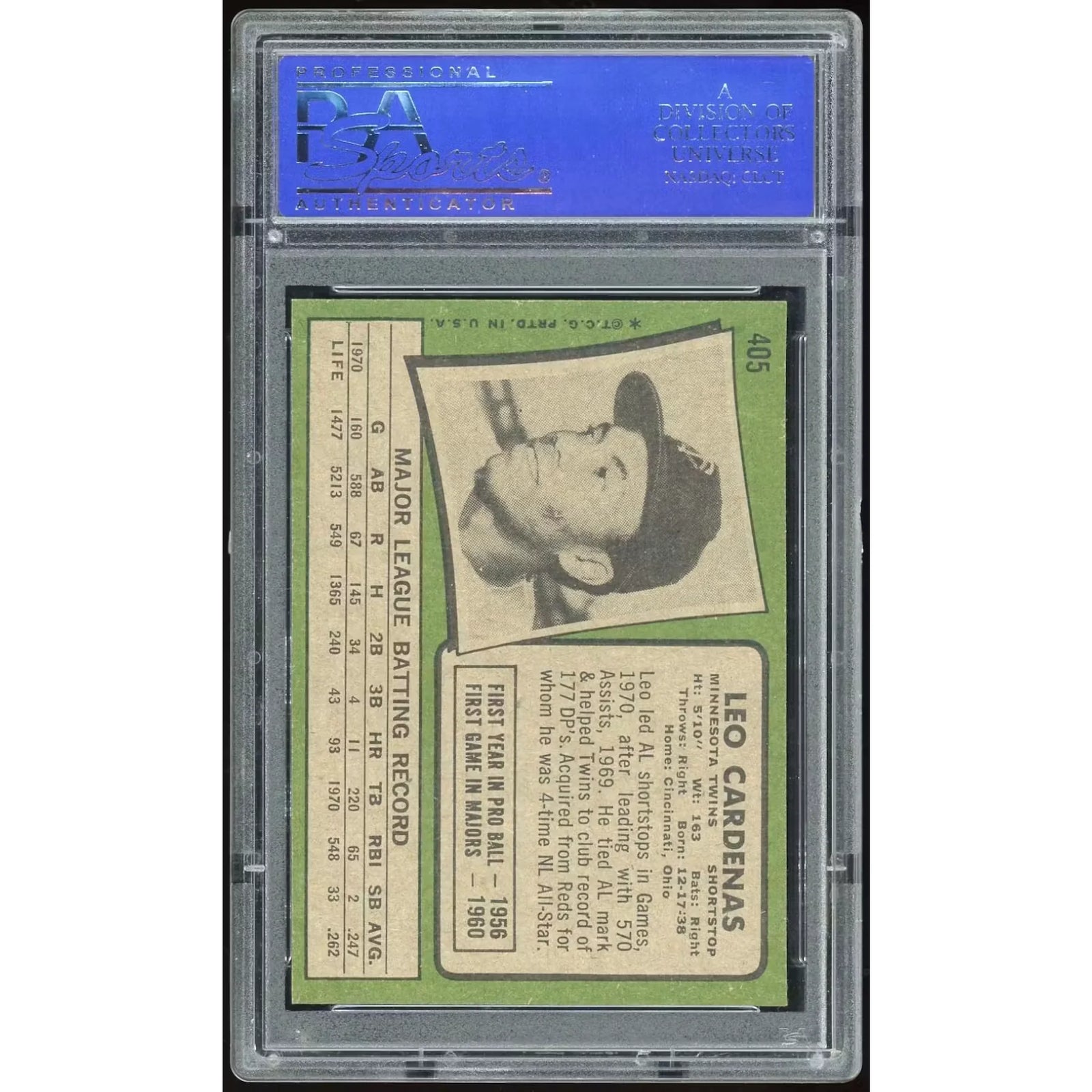 1971 Topps #405 Leo Cardenas Baseball Card | PSA 8