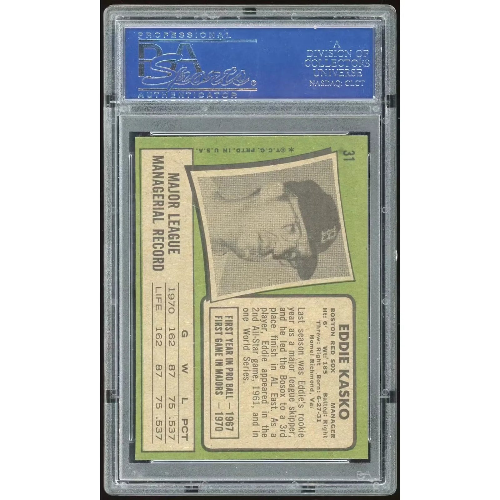 Eddie Kasko 1971 Topps #31 Baseball Card | PSA 8 Graded