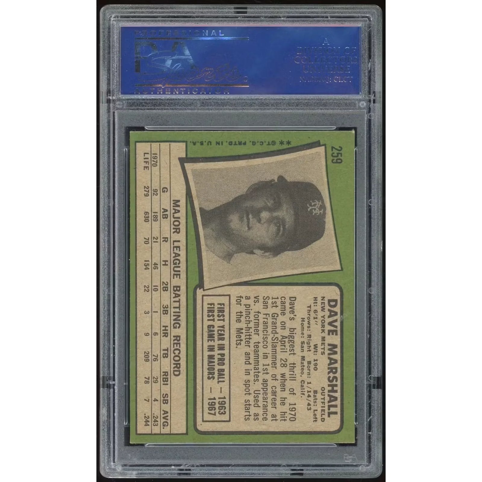 Dave Marshall 1971 Topps #259 Baseball Card | PSA 8