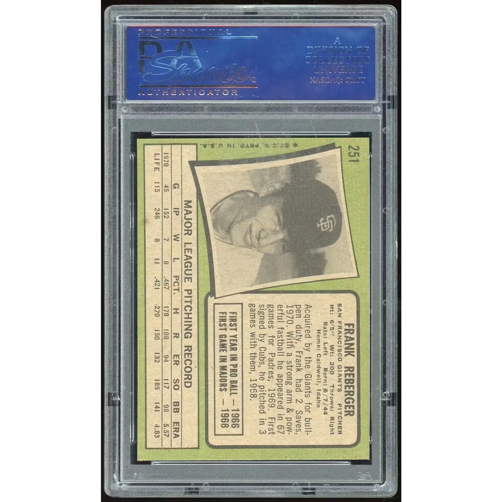 Frank Reberger 1971 Topps #251 Baseball Card | PSA 8