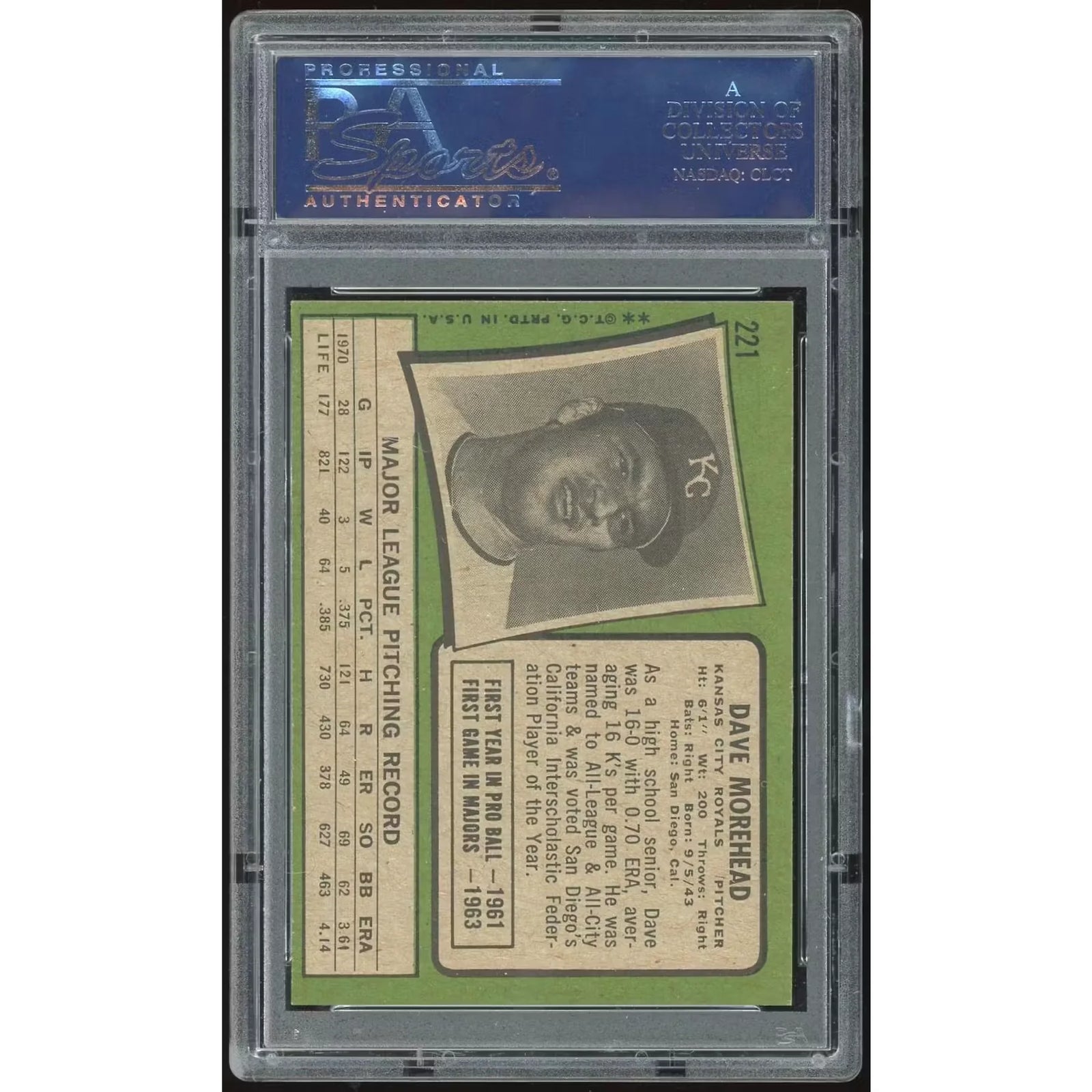 Dave Morehead 1971 Topps #221 Baseball Card | PSA 8