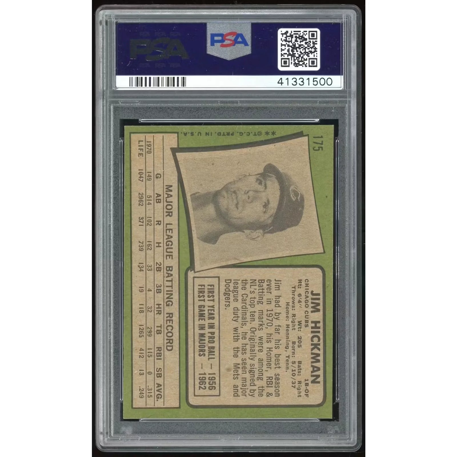 Jim Hickman 1971 Topps #175 Baseball Card | PSA 8