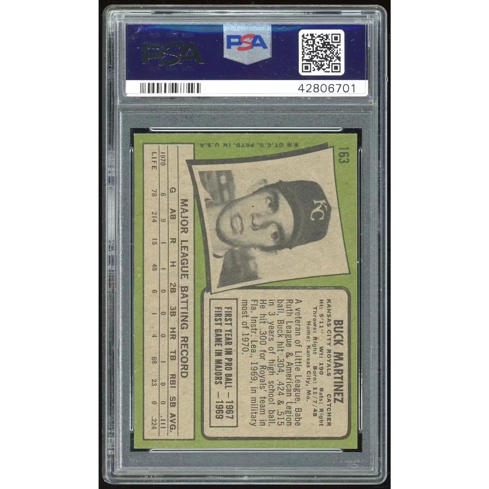 1971 Topps #163 Buck Martinez Baseball Card | PSA 8