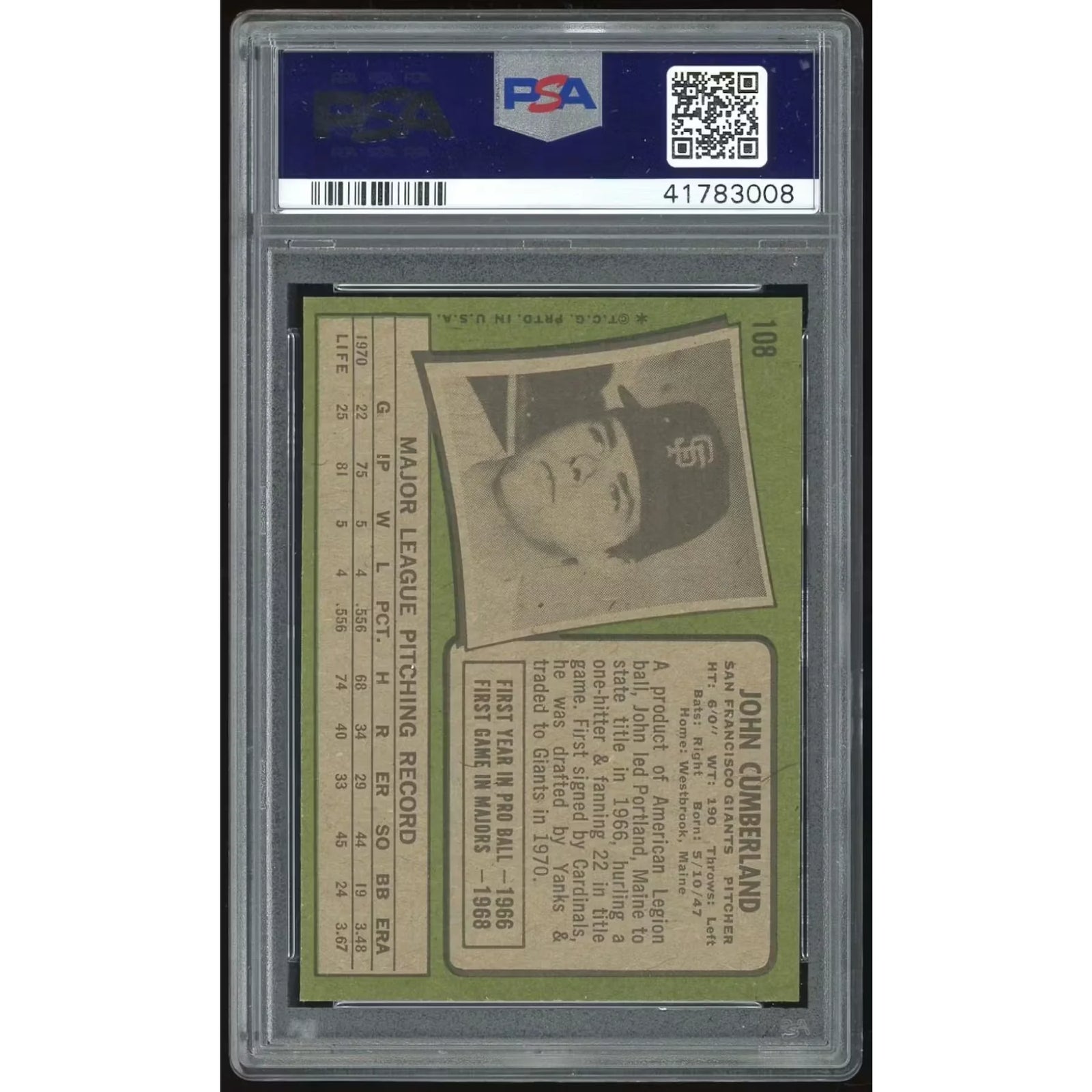 John Cumberland 1971 Topps #108 Baseball Card | PSA 8