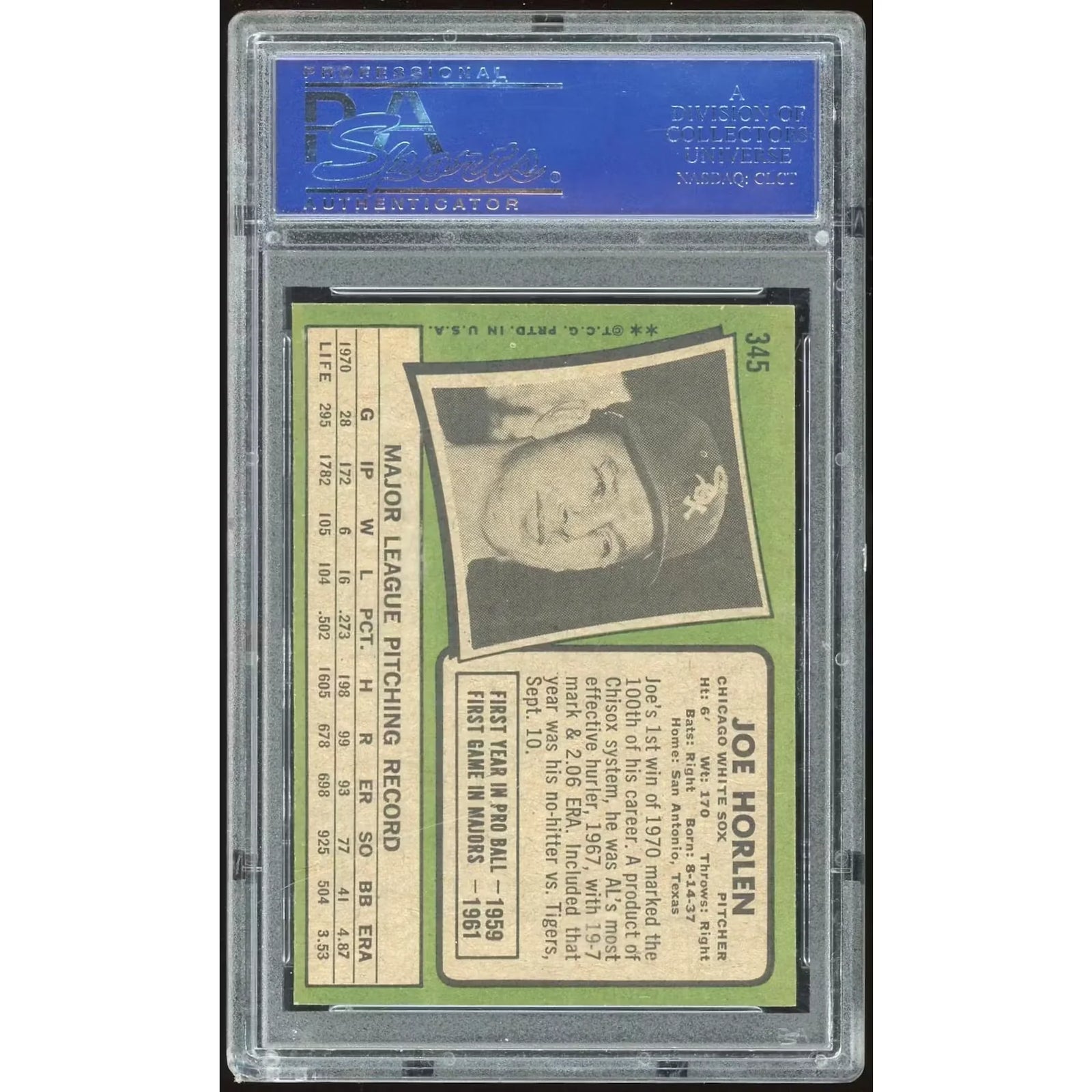 Joe Horlen 1971 Topps #345 Baseball Card | PSA 8