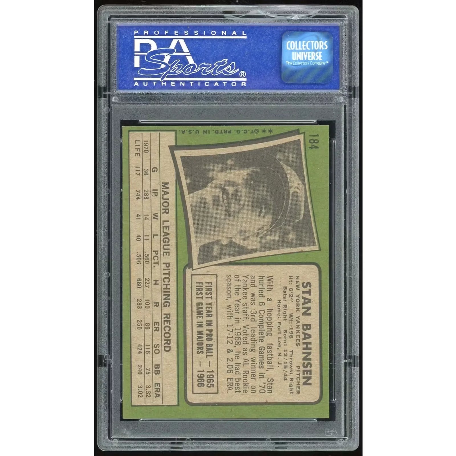 Stan Bahnsen 1971 Topps #184 Baseball Card | PSA 8