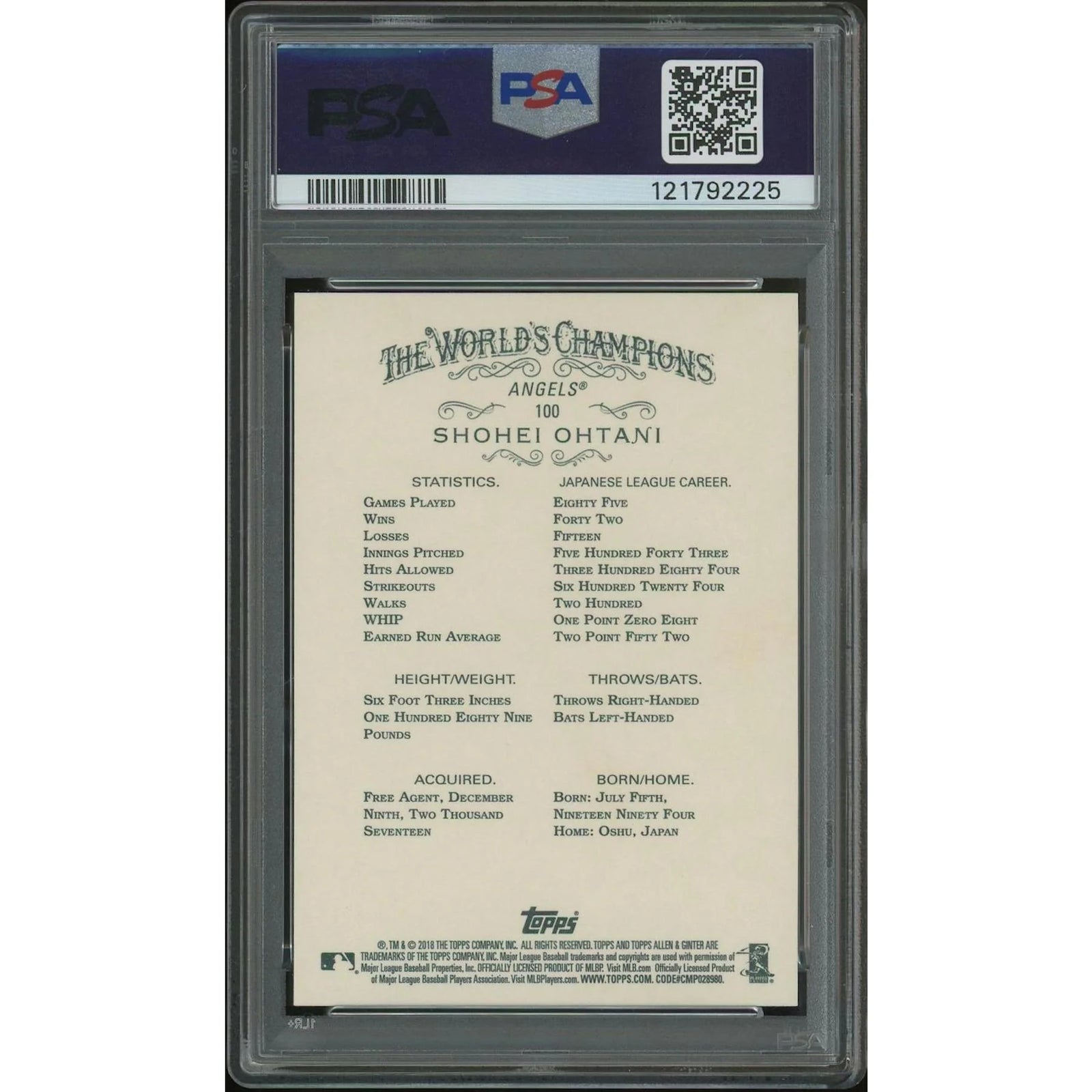 Shohei Ohtani 2018 Topps Allen & Ginter #100 Rookie | PSA 10 Gem Mint