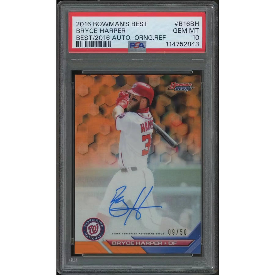 Bryce Harper Signed 2016 Bowman's Best Orange Refractor #09 Card | PSA 10 Gem Mint
