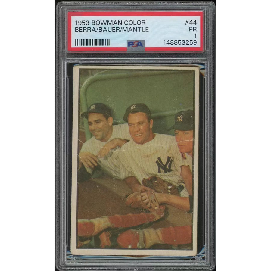 1953 Bowman Color Baseball #44 | Mantle, Berra, Bauer