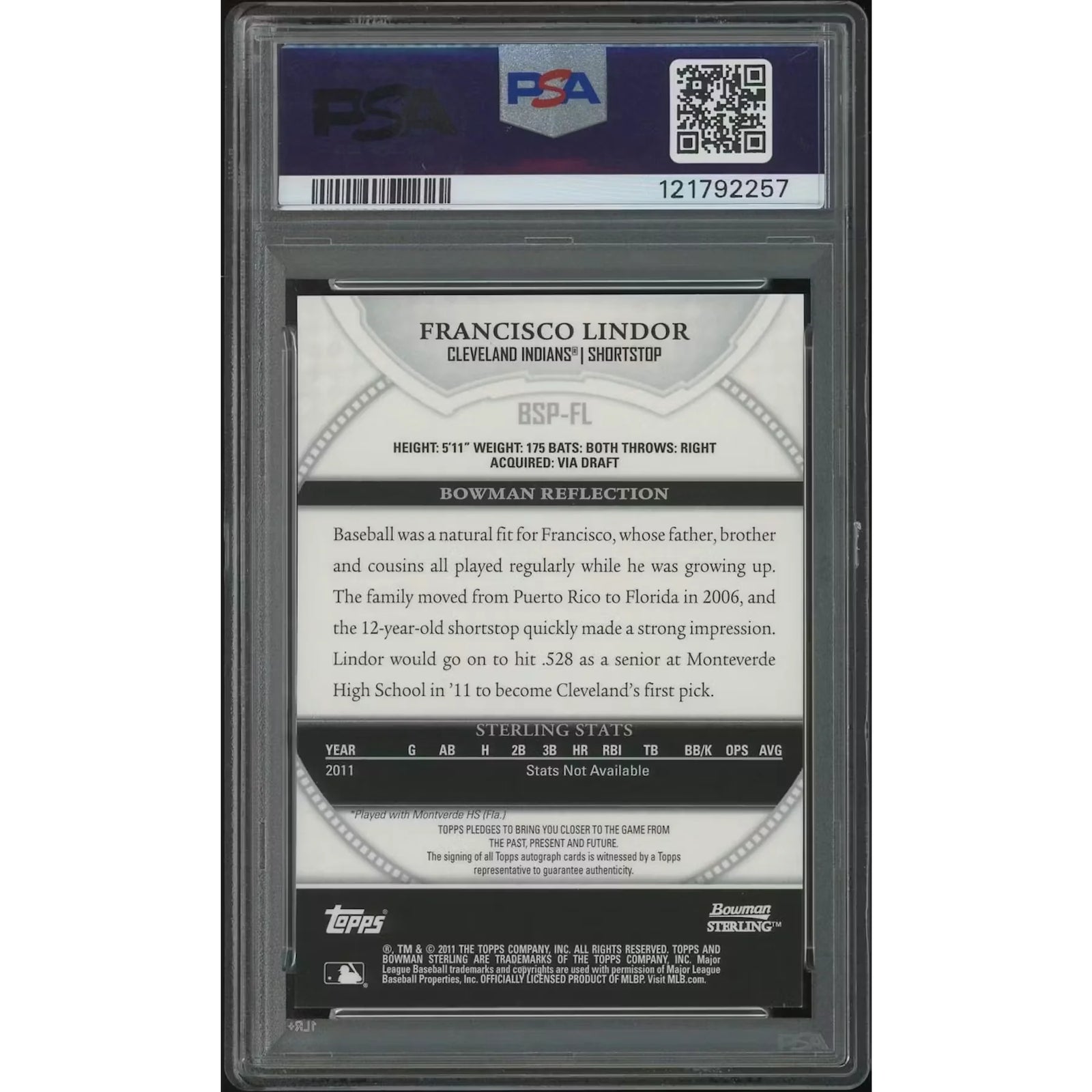 Francisco Lindor 2011 Bowman Sterling Rookie Autograph Card | PSA 10 Gem Mint