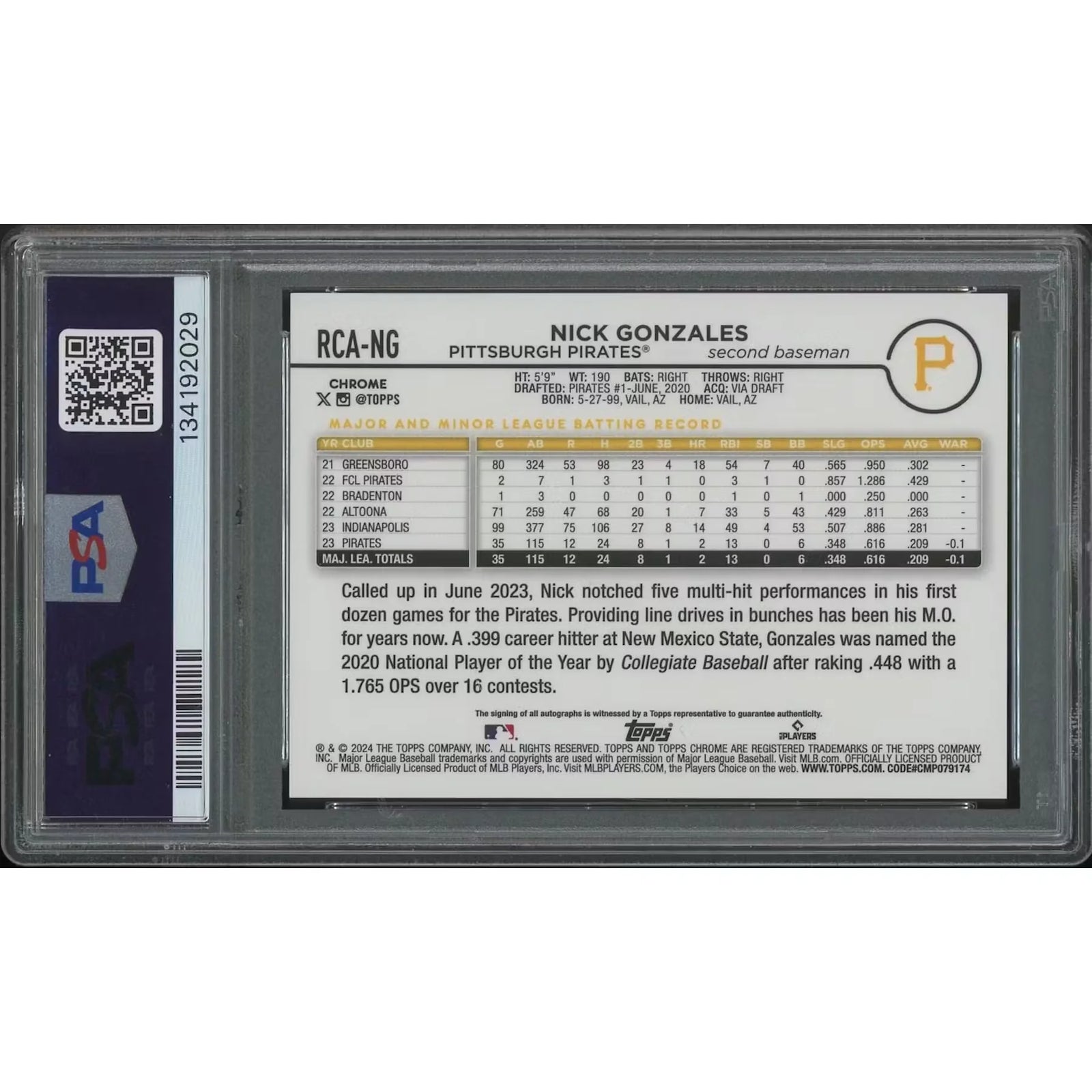 Nick Gonzales Signed 2024 Topps Chrome Gold Refractor Rookie Auto | #33/50 PSA 10