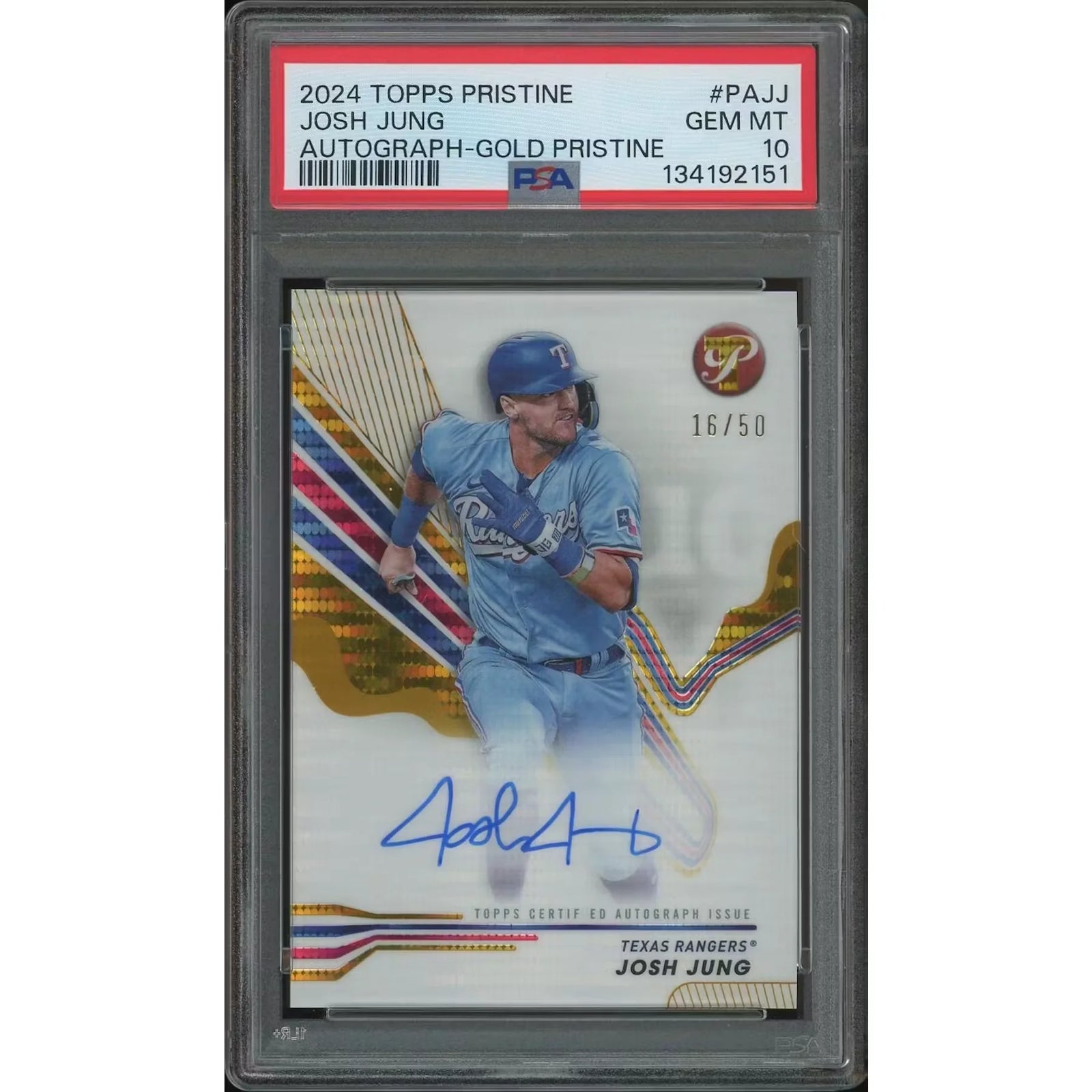 Josh Jung 2024 Topps Pristine Gold Refractor Auto #16/50 | PSA 10