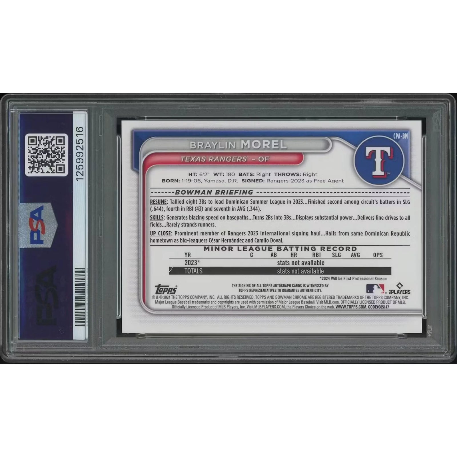 Braylin Morel Signed 2024 Bowman Chrome Rookie #106 Card | PSA 10 Gem Mint