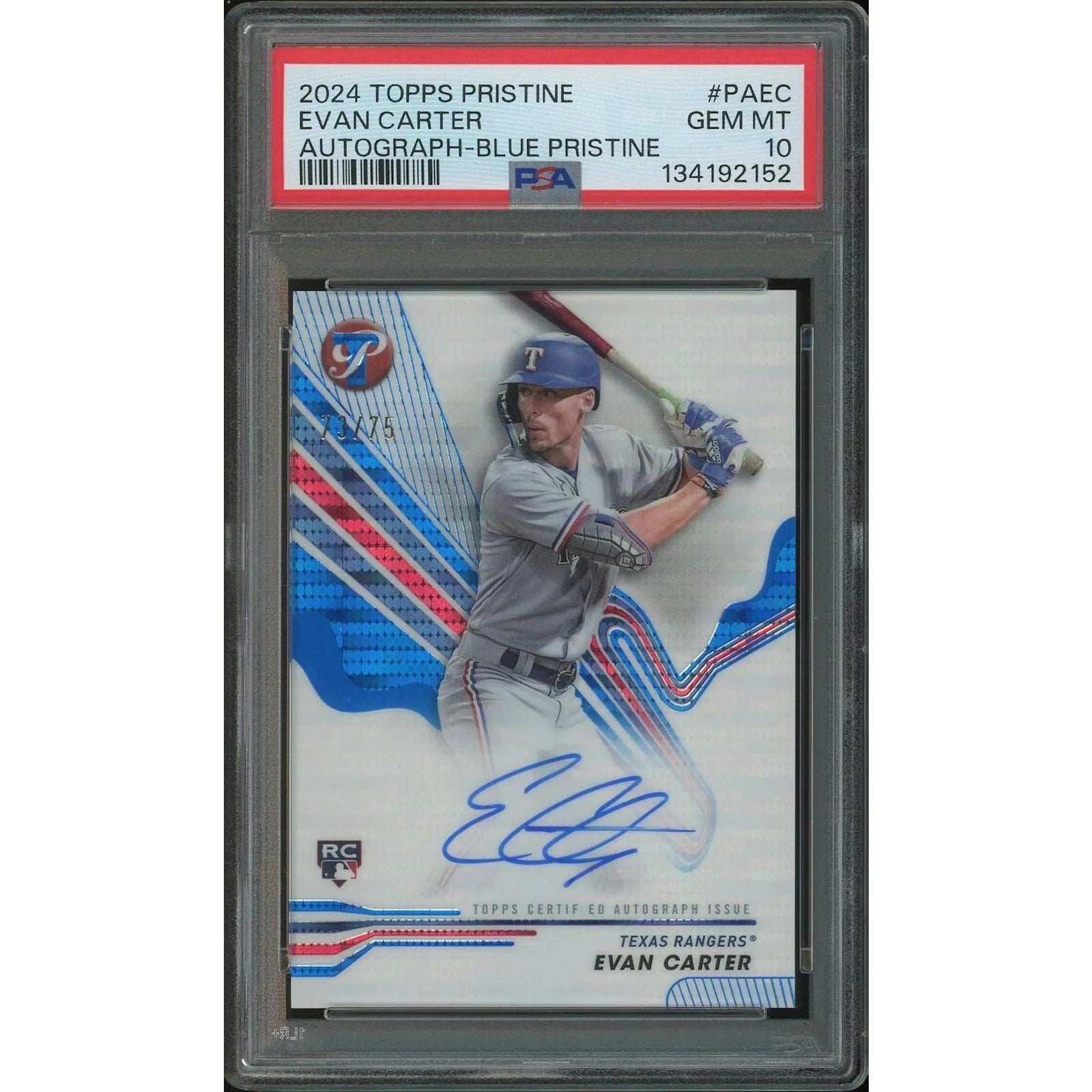 Evan Carter 2024 Topps Pristine Blue Refractor Rookie Auto | PSA 10 #73