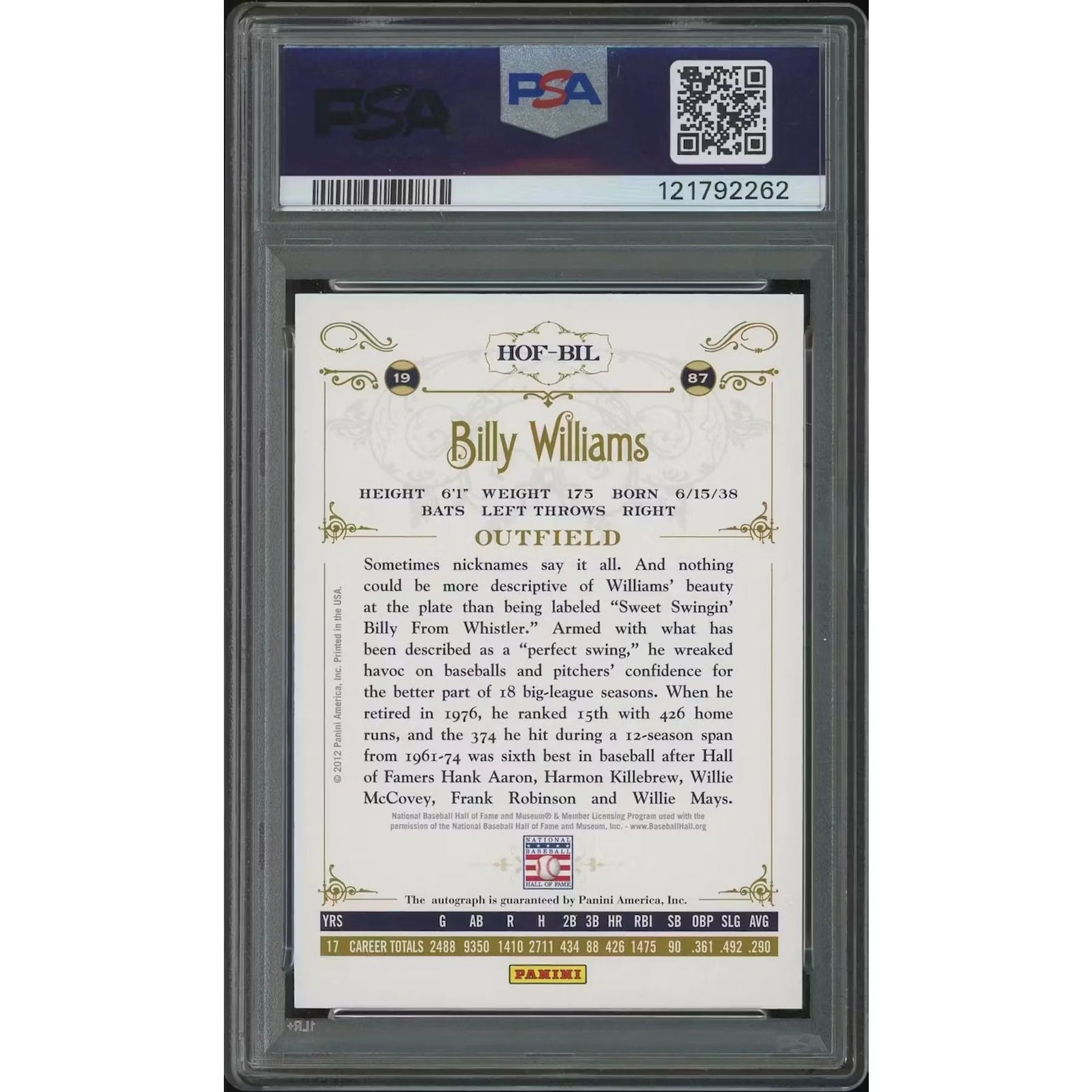 Billy Williams Signed 2012 Panini Cooperstown #258 Card | PSA 10 Gem Mint