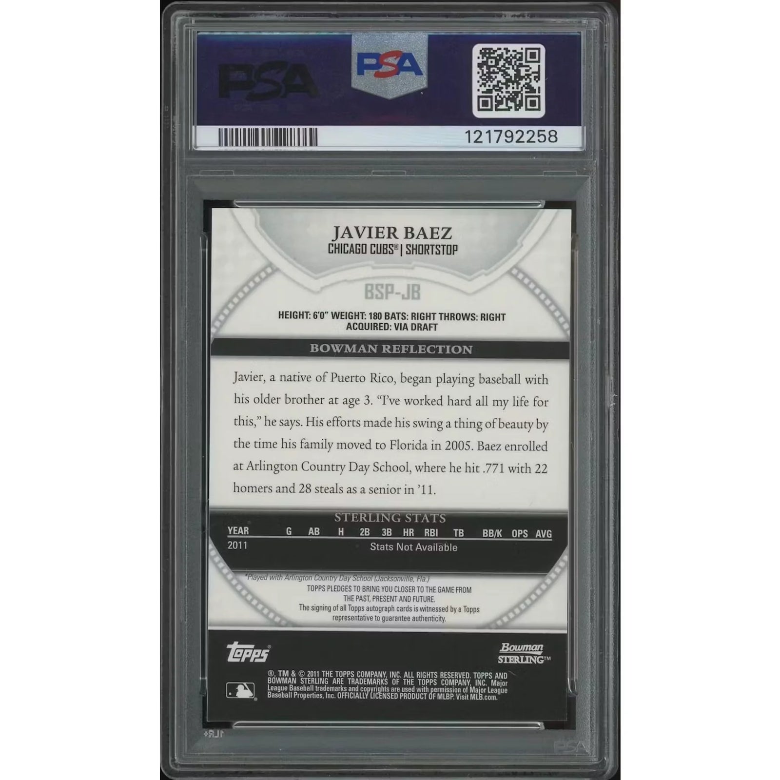 Javier Baez Signed 2011 Bowman Sterling Rookie Card | PSA 10 Gem Mint