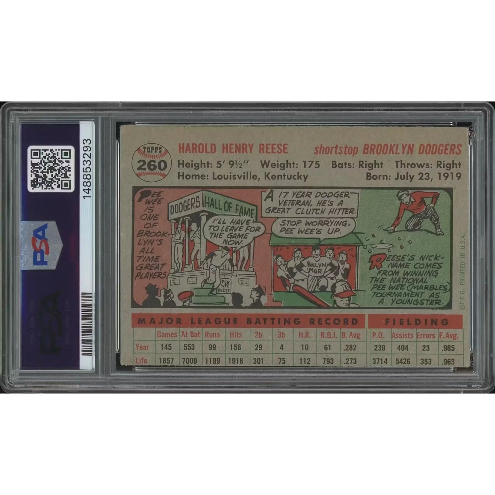 Pee Wee Reese 1956 Topps Baseball Card #260 | PSA 3 VG