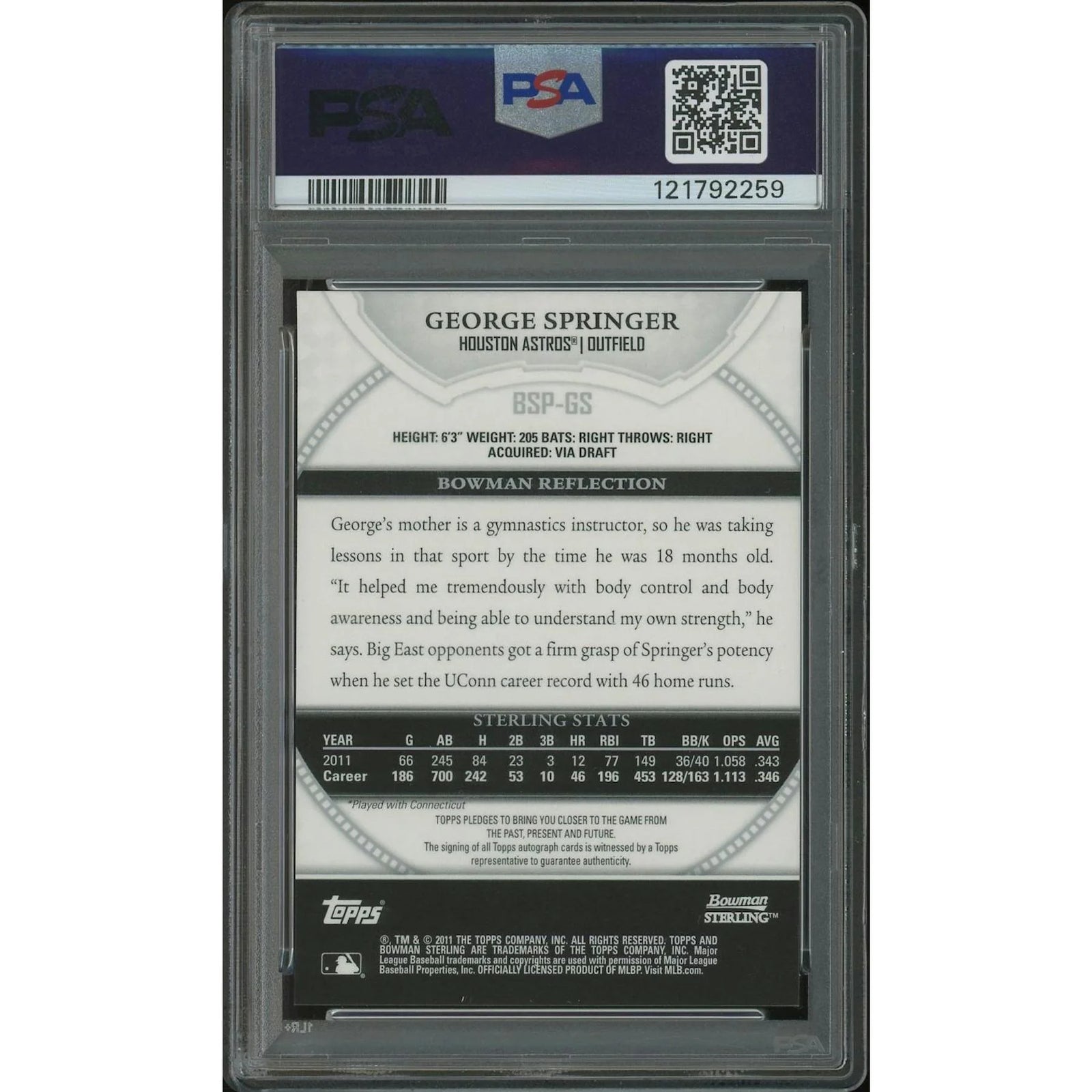 George Springer 2011 Bowman Sterling Rookie Autograph | PSA 10