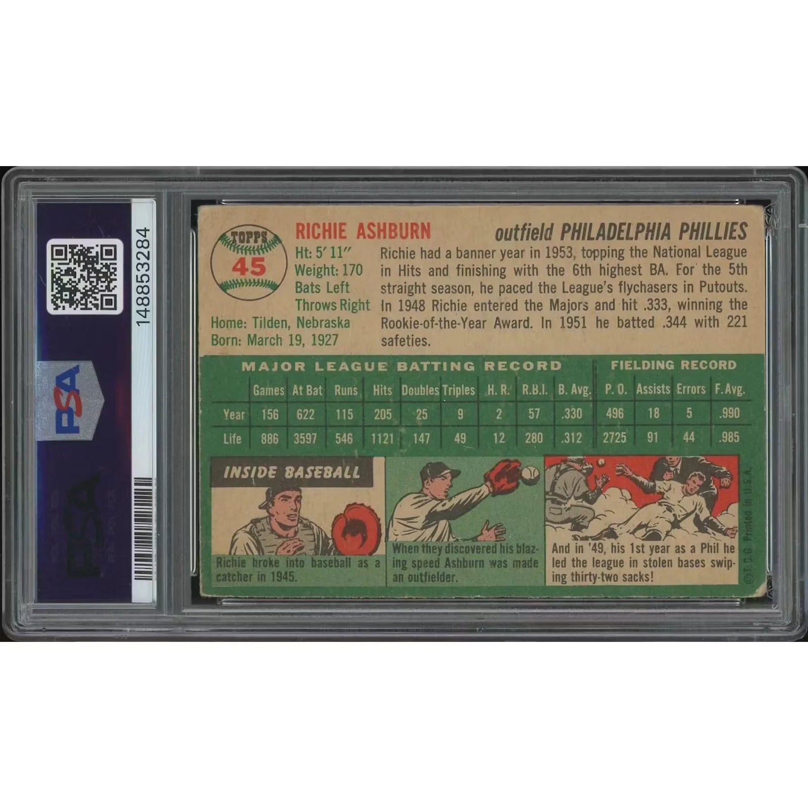 Richie Ashburn 1954 Topps Baseball Card #45 | PSA 2