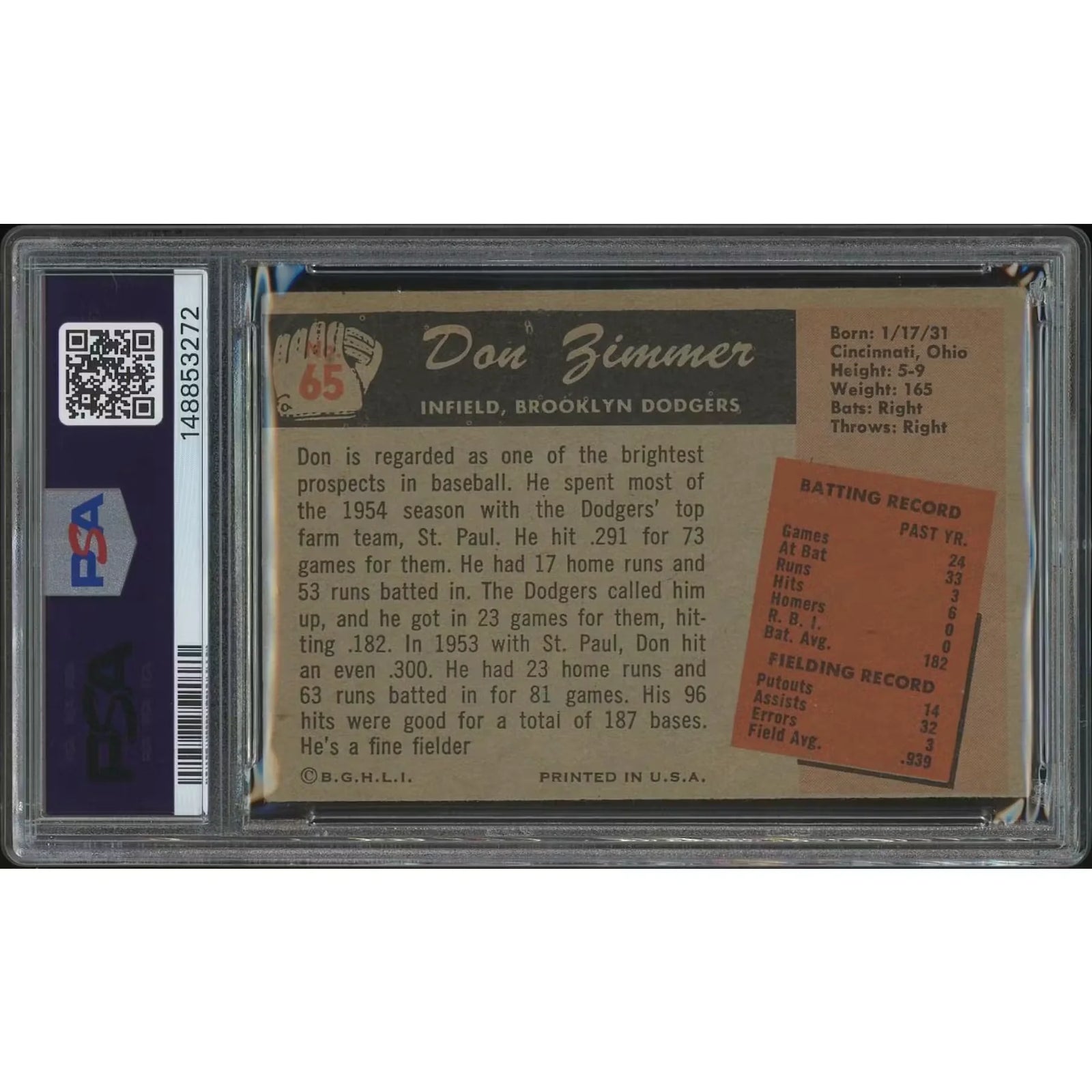 1955 Bowman Don Zimmer Rookie Card #65 | PSA 3 (VG)