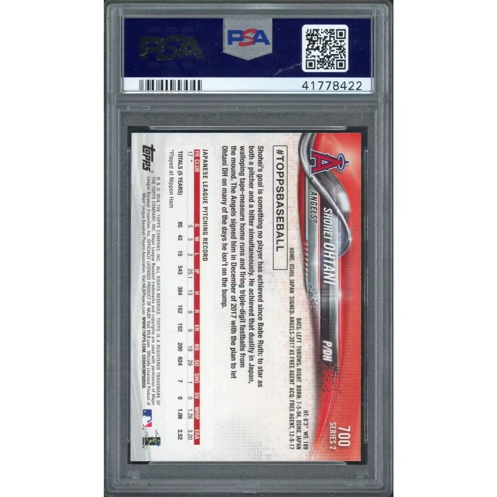 Shohei Ohtani 2018 Topps Series 2 Pitching Purple Rookie #700 | PSA 9