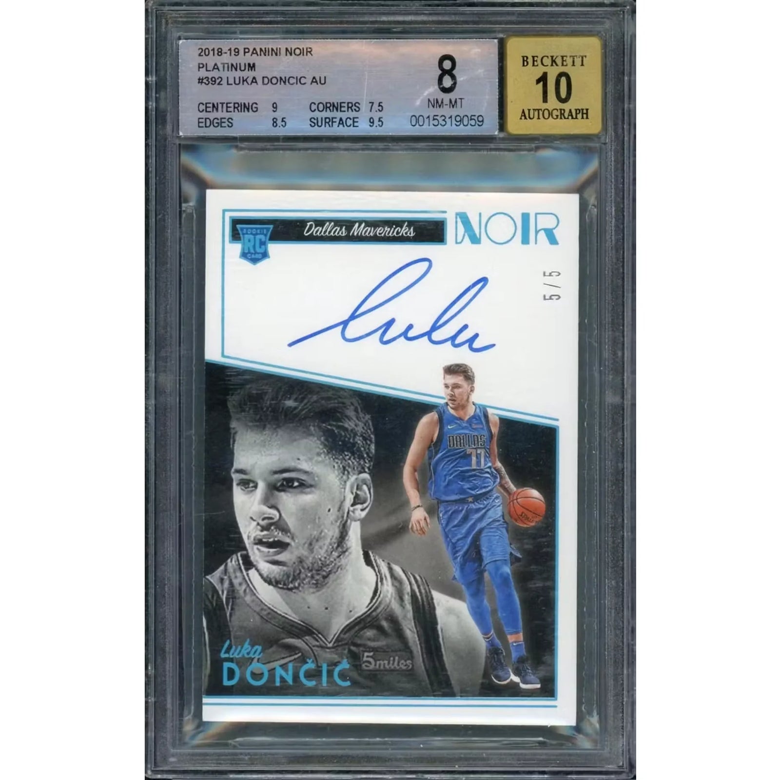 Luka Doncic 2018 Panini Noir Platinum Rookie Auto | BGS 8