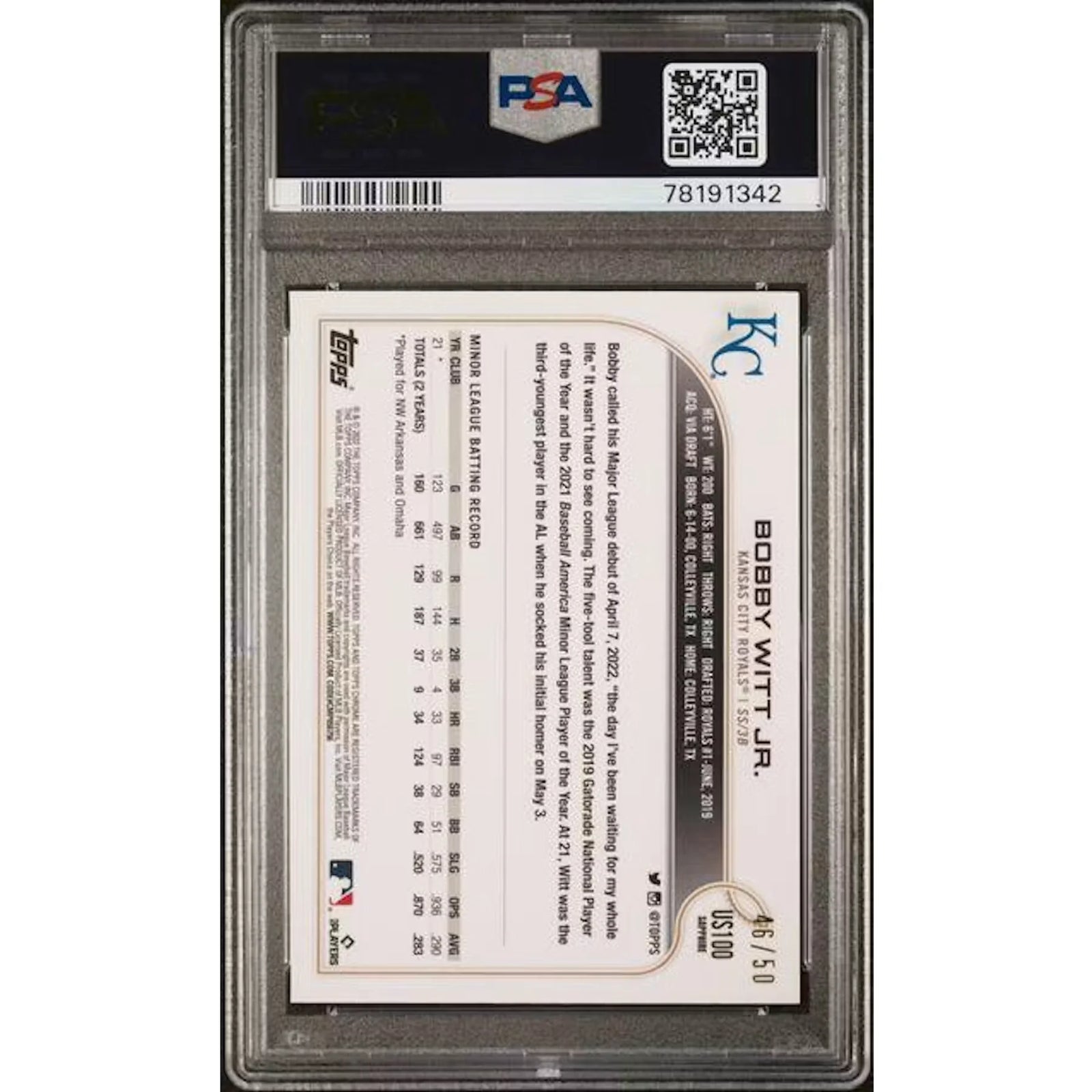Bobby Witt Jr 2022 Topps Chrome Update Sapphire Gold Rookie Card #100 | PSA 10
