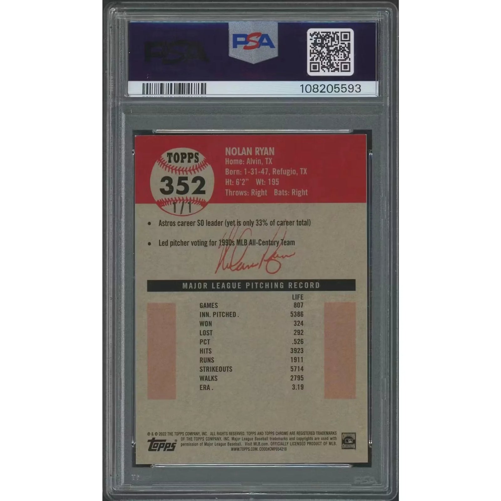 Nolan Ryan 2022 Topps Chrome Platinum Anniversary #352 Superfractor 1/1 | PSA 8