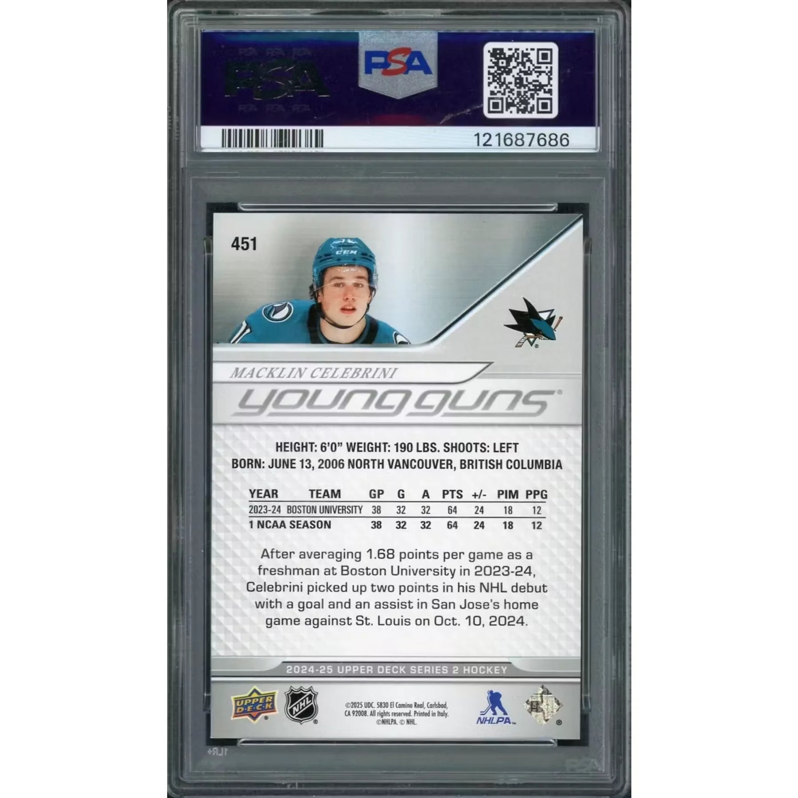 Macklin Celebrini Signed 2024-25 Upper Deck Young Guns #451 | PSA 10