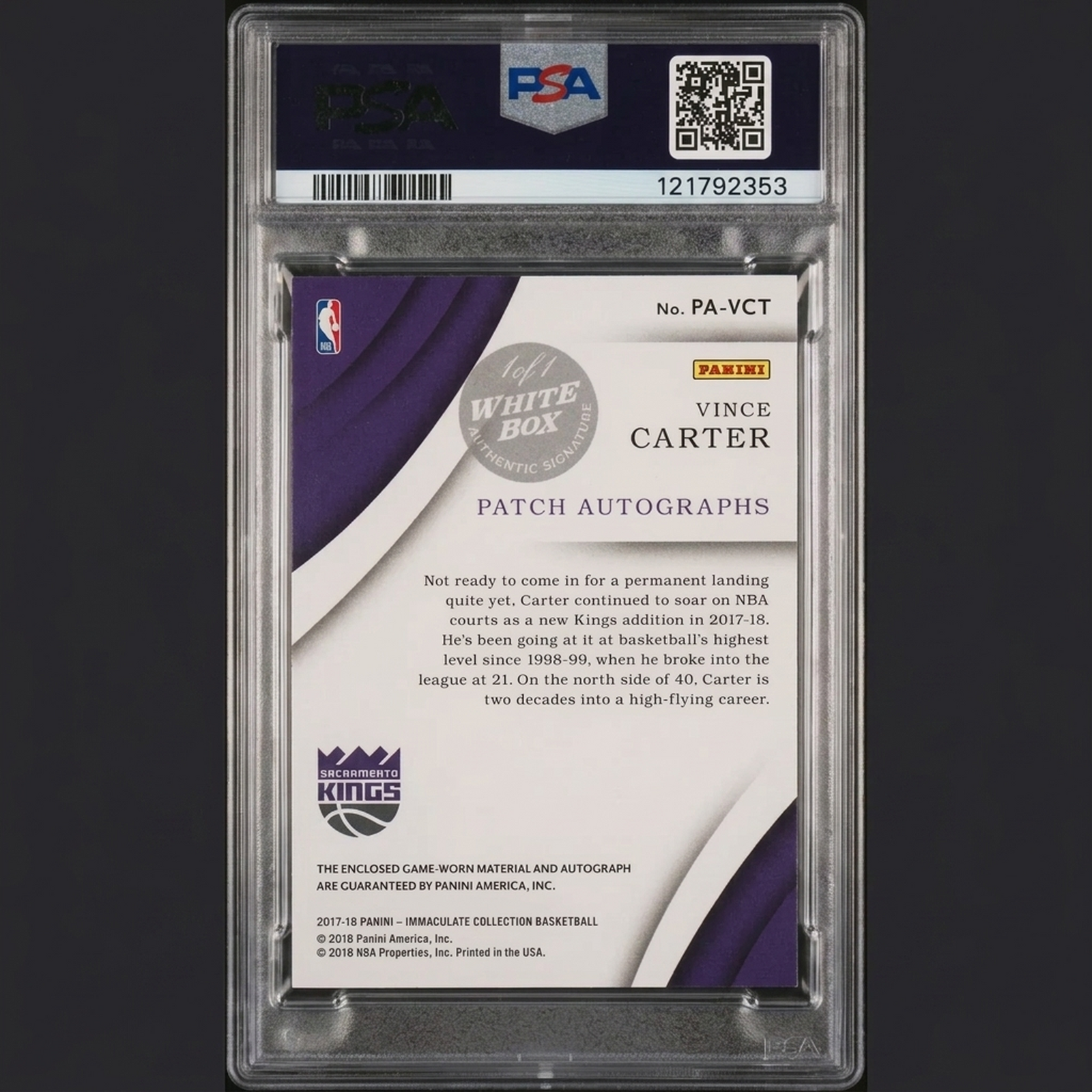 Vince Carter Signed 2017-18 Panini Immaculate Basketball #1 Card | Red Patch Auto 1/1 PSA (Ships Sealed Only)