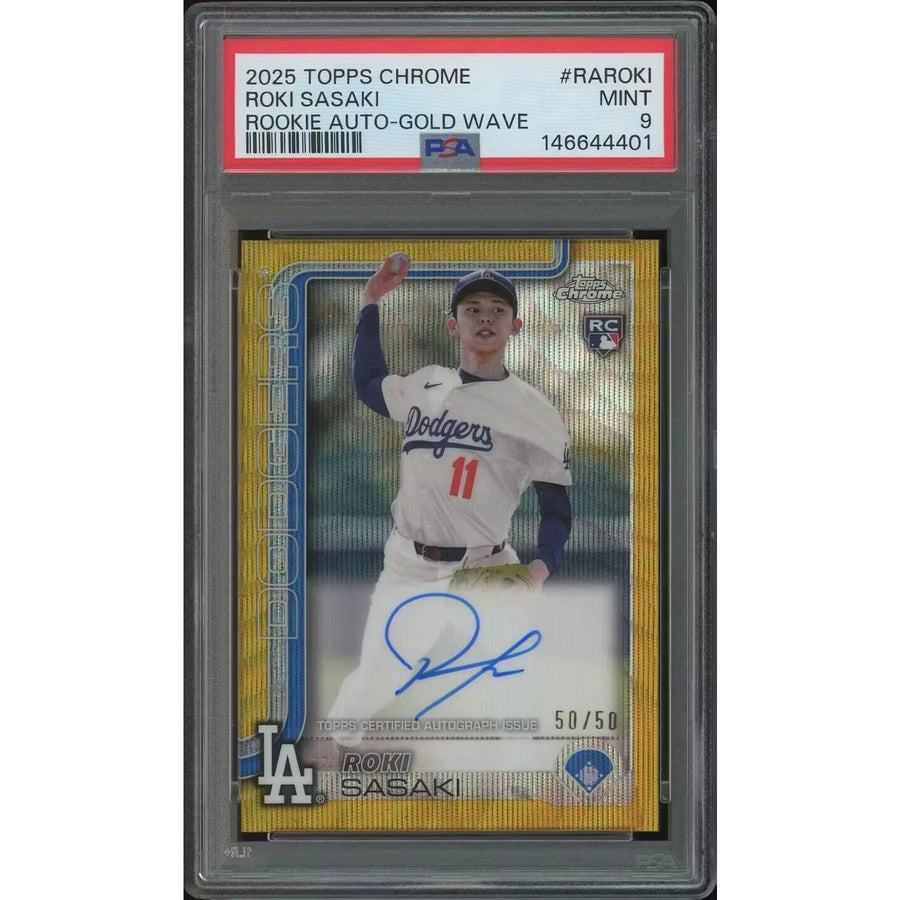 2025 Topps Chrome Baseball #RAROKI Roki Sasaki Gold Wave Refractor Rookie Auto #50/50 PSA 9 (MINT) Sapphire