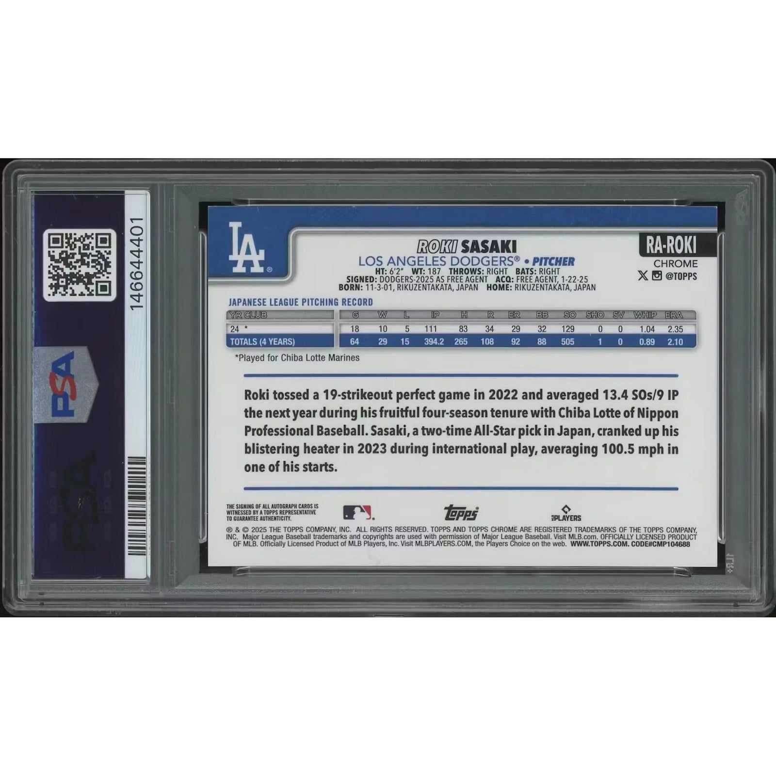 2025 Topps Chrome Baseball #RAROKI Roki Sasaki Gold Wave Refractor Rookie Auto #50/50 PSA 9 (MINT) Sapphire
